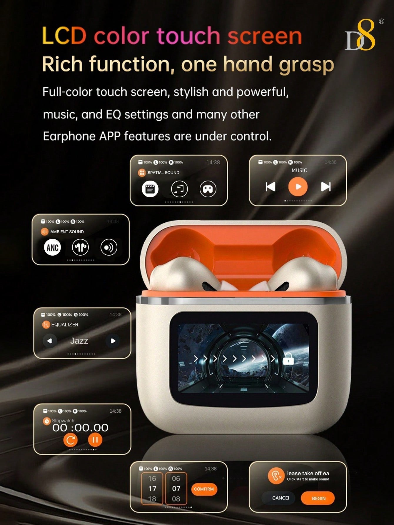 D8 Wireless Earbuds, LCD Touch, ANC & Transparency, BT 5.3, 40H Playtime