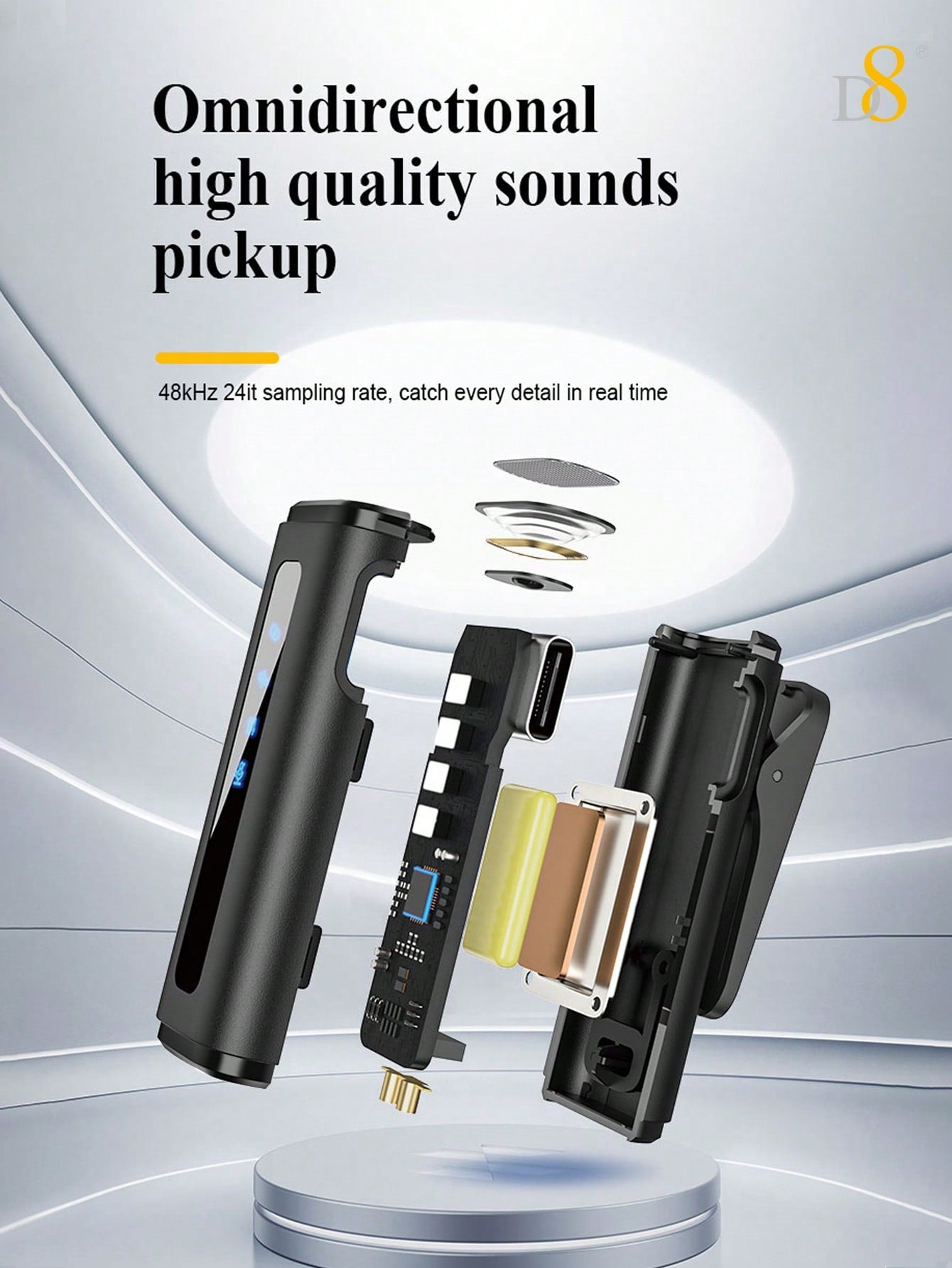 D8 Wireless Lavalier Mic, Auto Sync, Noise Reduction, 24H Battery, USB-C