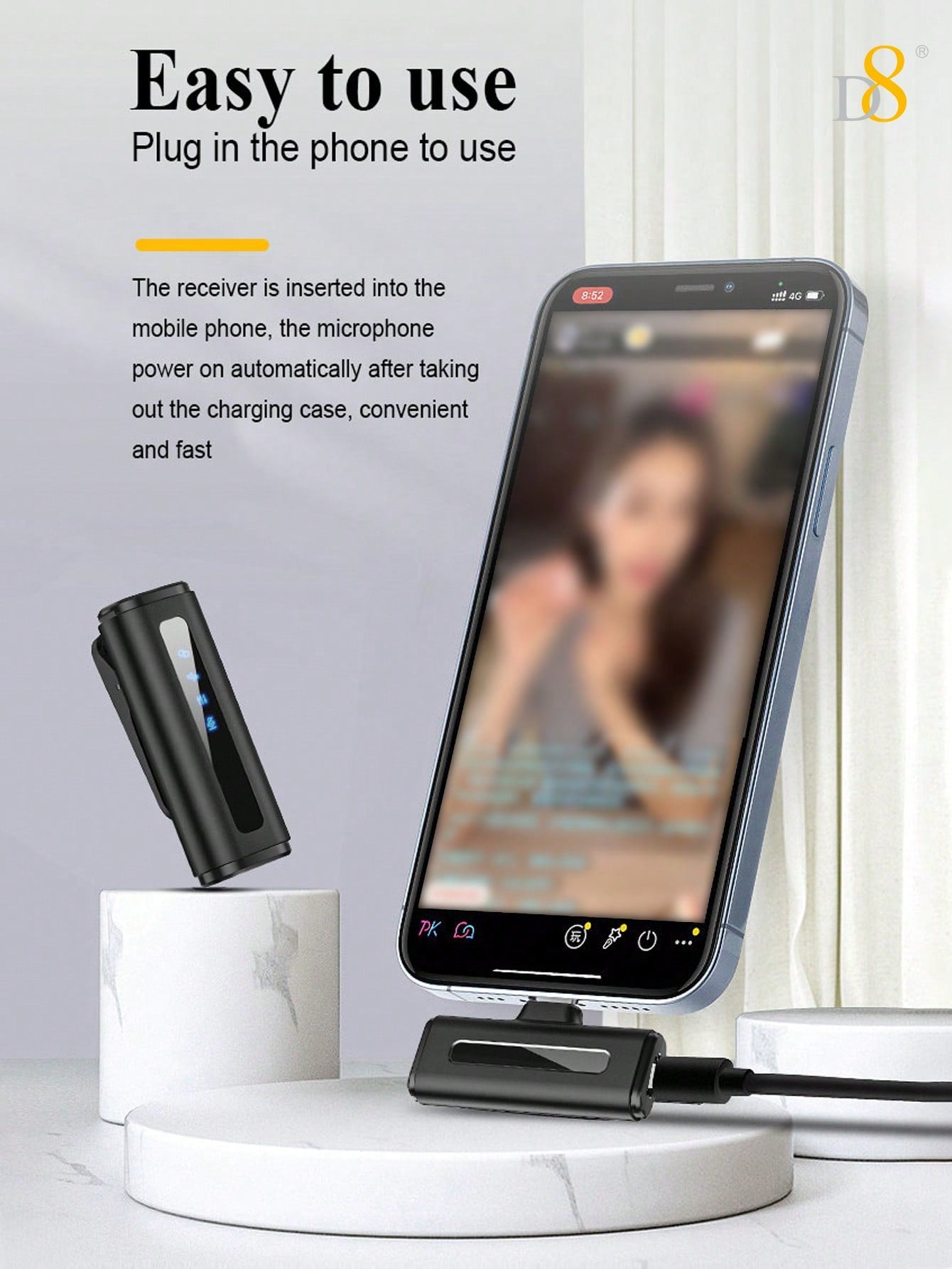 D8 Wireless Lavalier Mic, Auto Sync, Noise Reduction, 24H Battery, USB-C