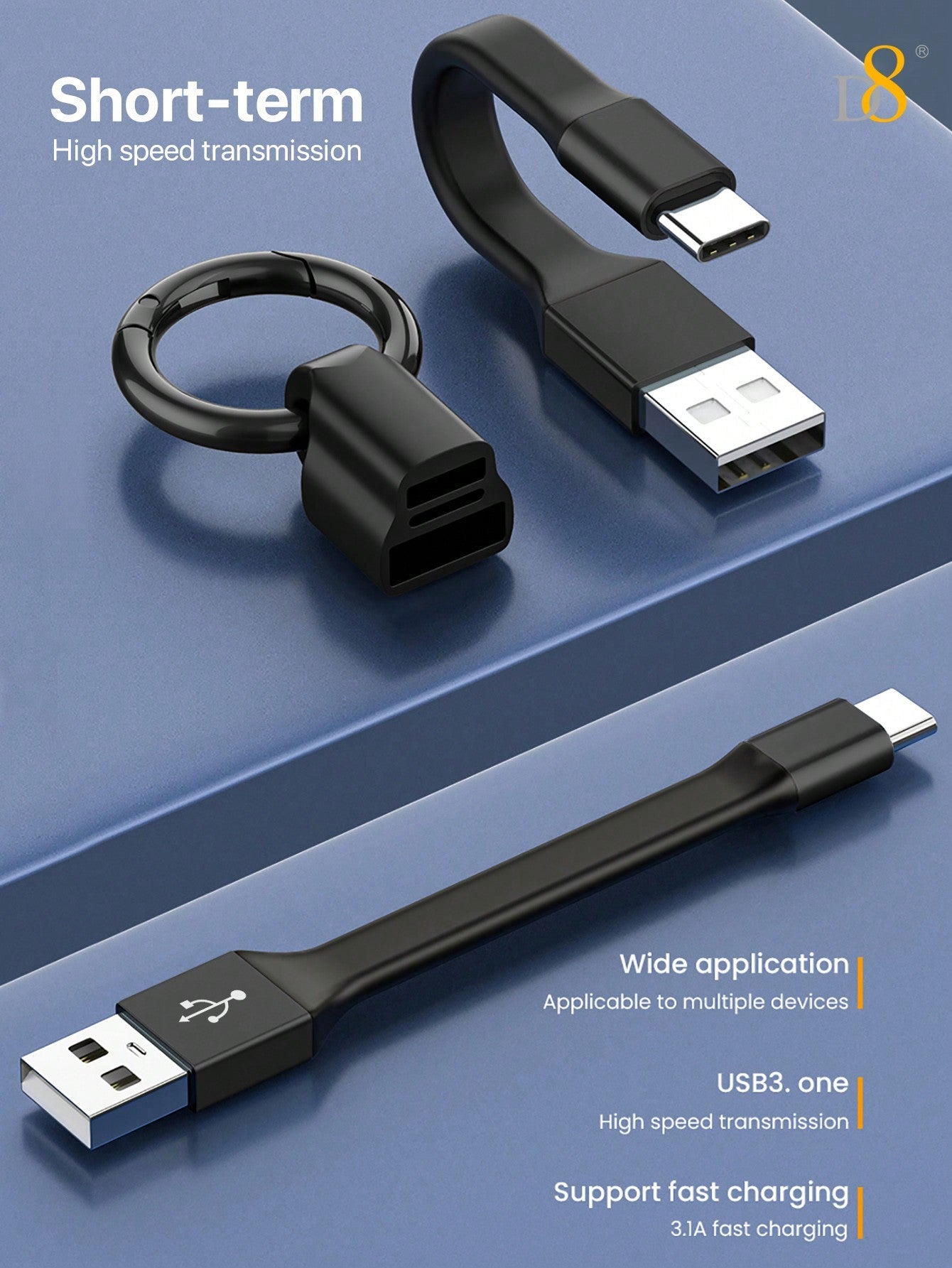 D8 USB C Keychain Cable 480Mbps, Short Charging Cable for Power Banks