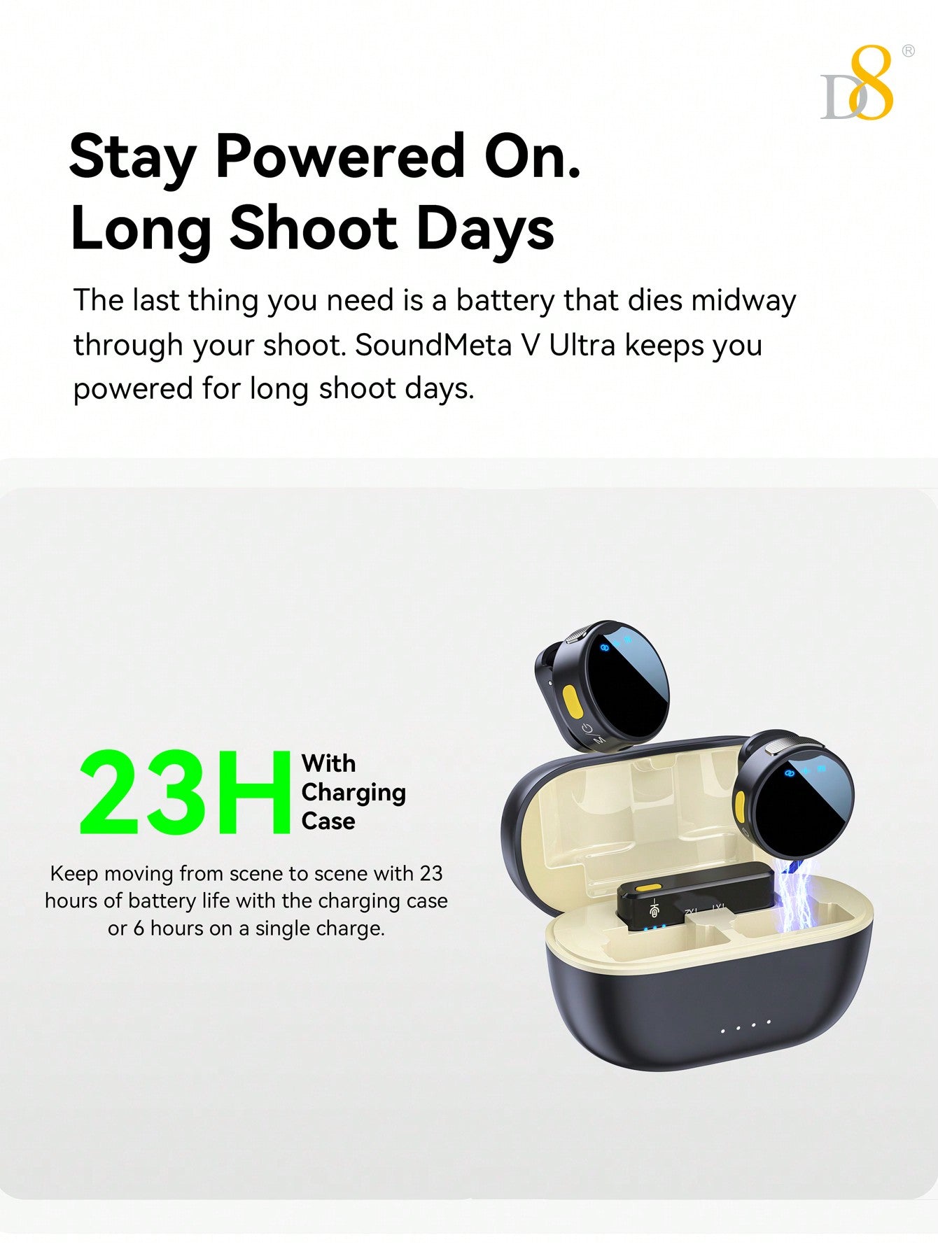 D8 Wireless Lavalier Mic, Auto Sync, Noise Reduction, 23H Battery, Pro Audio