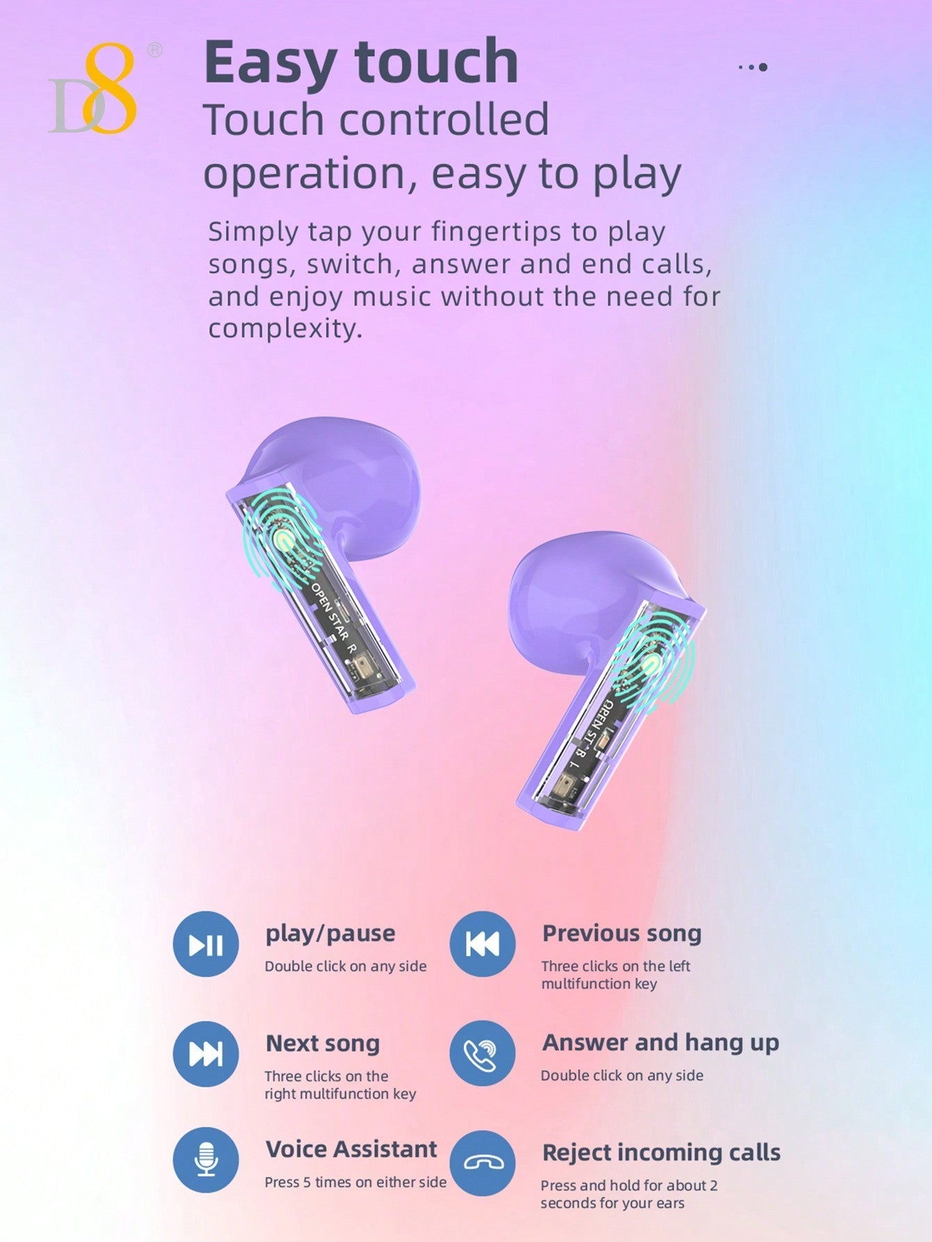 D8 Wireless Earbuds, Lightweight, Mic, IPX5, RGB Lights, HiFi Sound, Long Range