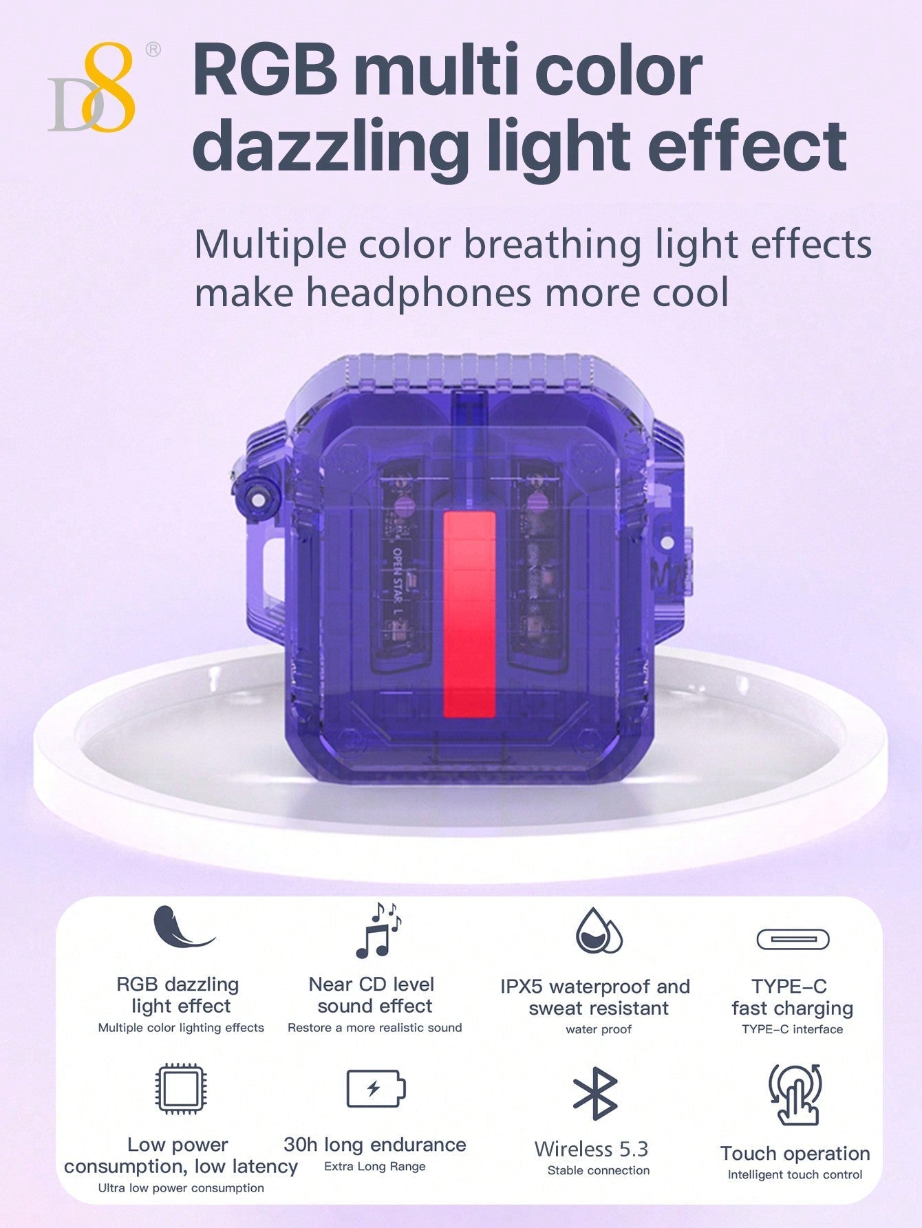 D8 Wireless Earbuds, Lightweight, Mic, IPX5, RGB Lights, HiFi Sound, Long Range