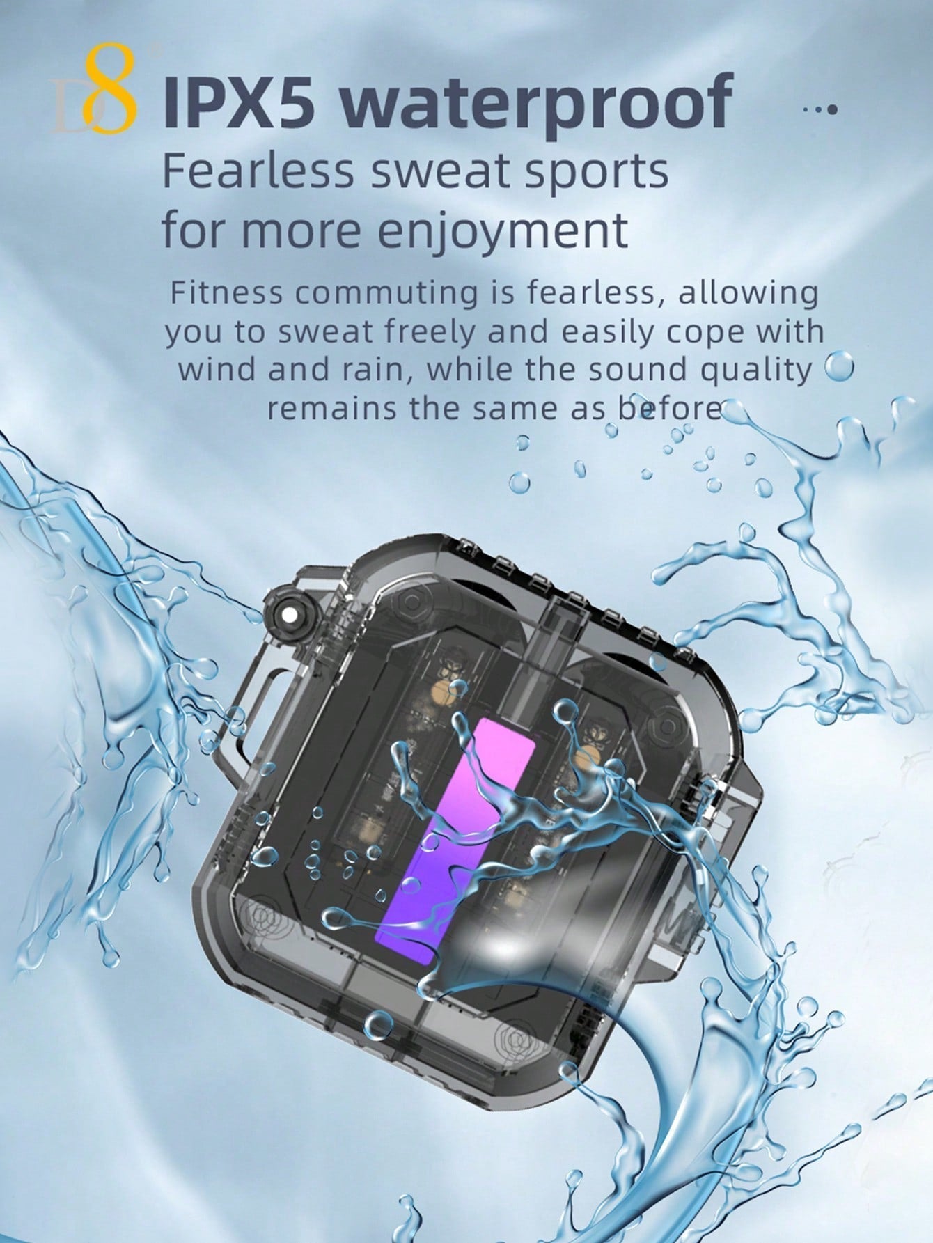 D8 Wireless Earbuds, Lightweight, Mic, IPX5, RGB Lights, HiFi Sound, Long Range