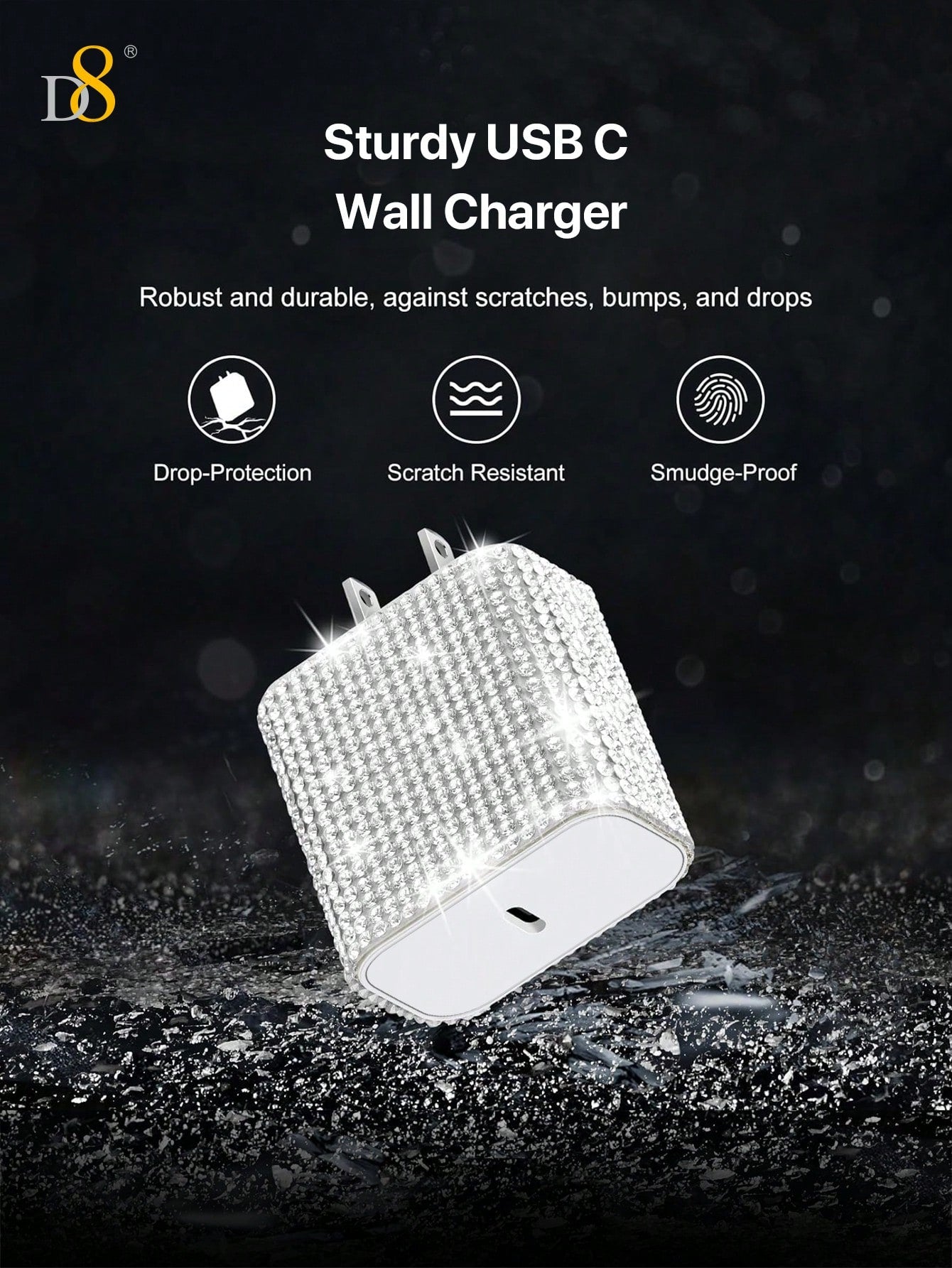D8 Crystal Decoration Type C Charger, 20W PD USB Wall Charger Super Fast Charging Block /Crystal Decoration /USB-C Cord Phone Charger