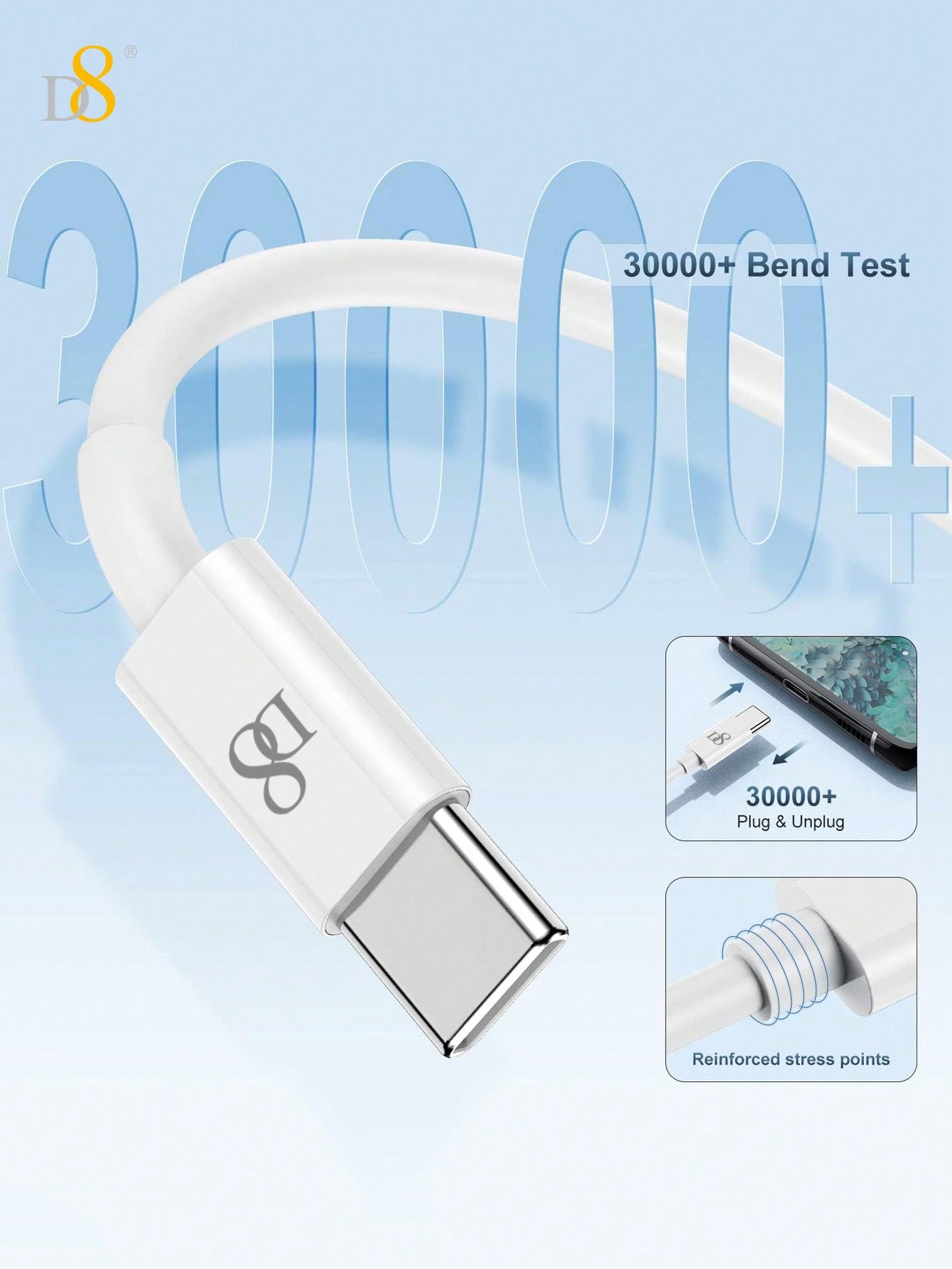 D8 USB-C Charger Cable (1M & 2M), 3A Fast Charging for MacBook/iPhone/Galaxy