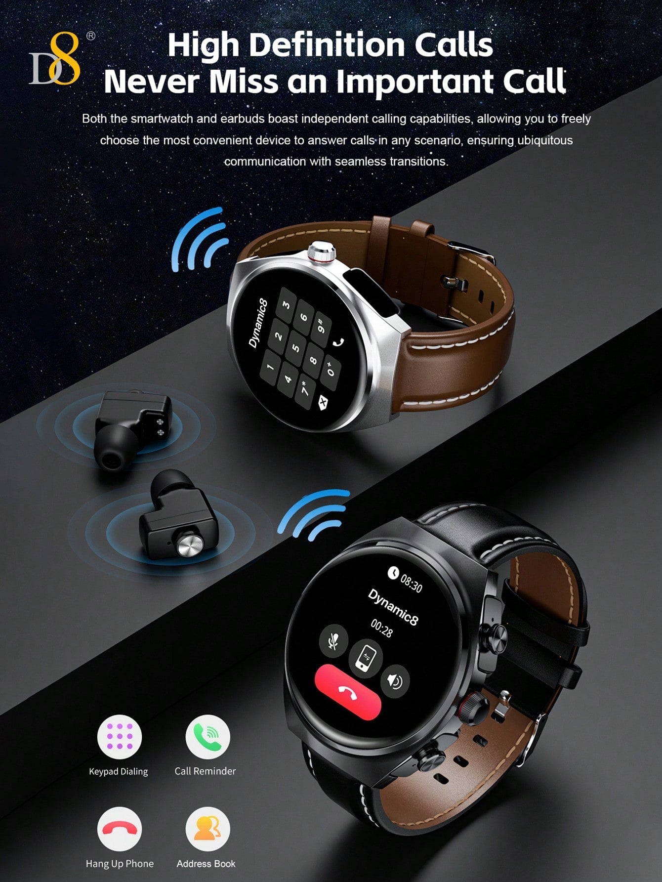 D8 Smartwatch with Earbuds, 1.53" HD Touch, Calls, Fitness & Sleep Tracker
