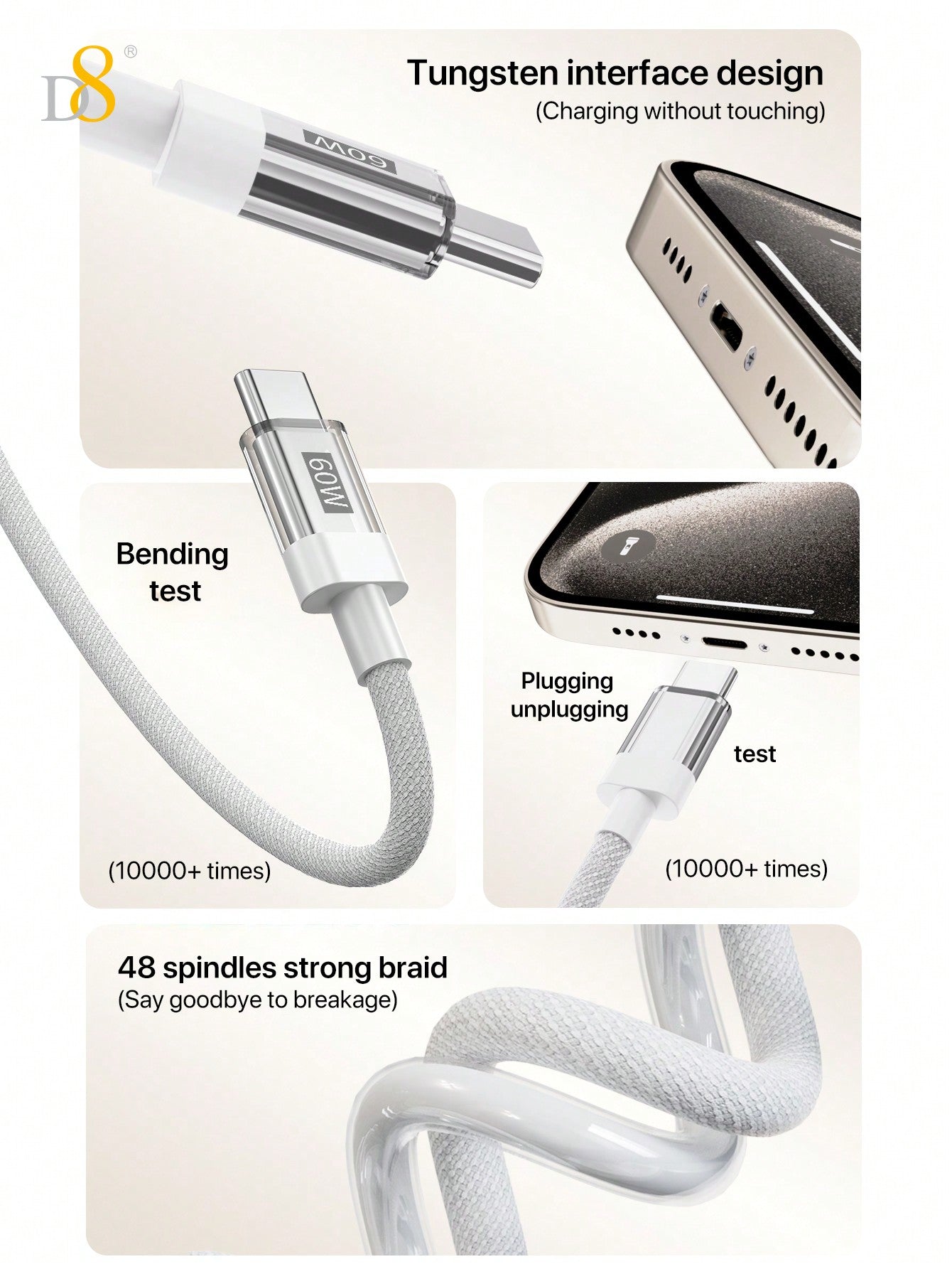 D8 USB-C Cable with Keychain, 60W Fast Charge, Nylon Braided, iPhone/Galaxy