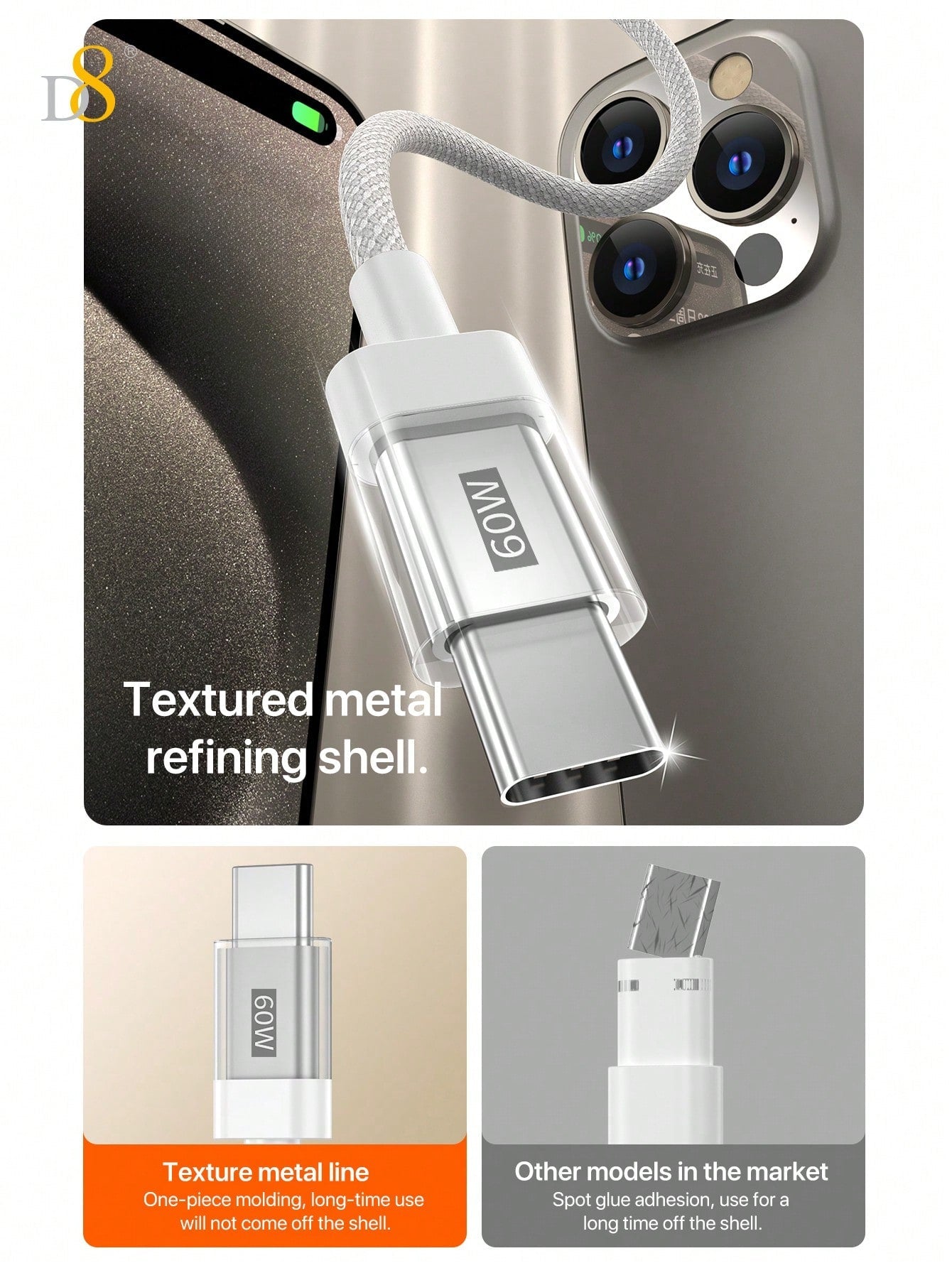 D8 USB-C Cable with Keychain, 60W Fast Charge, Nylon Braided, iPhone/Galaxy