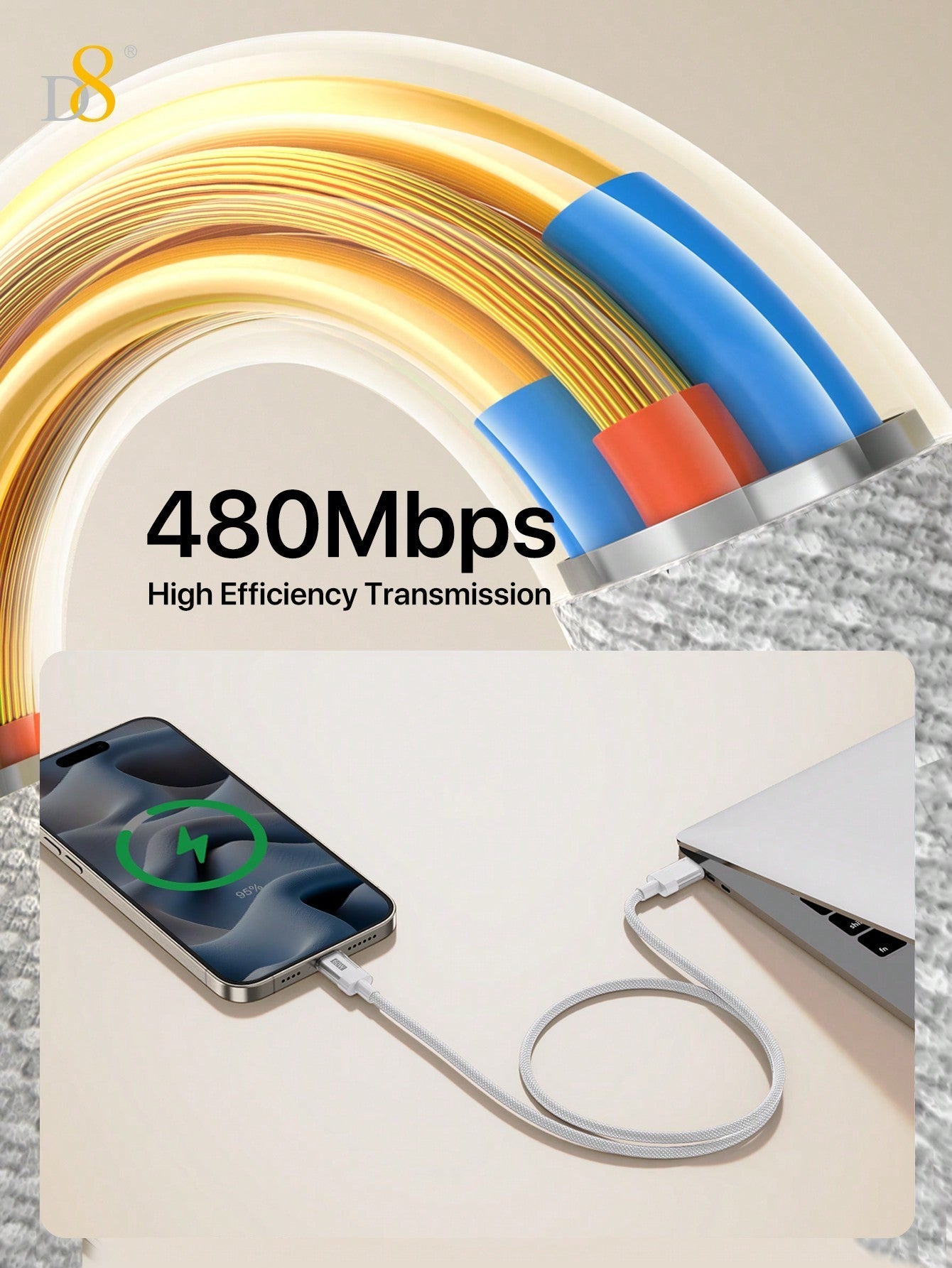 D8 USB-C Cable with Keychain, 60W Fast Charge, Nylon Braided, iPhone/Galaxy