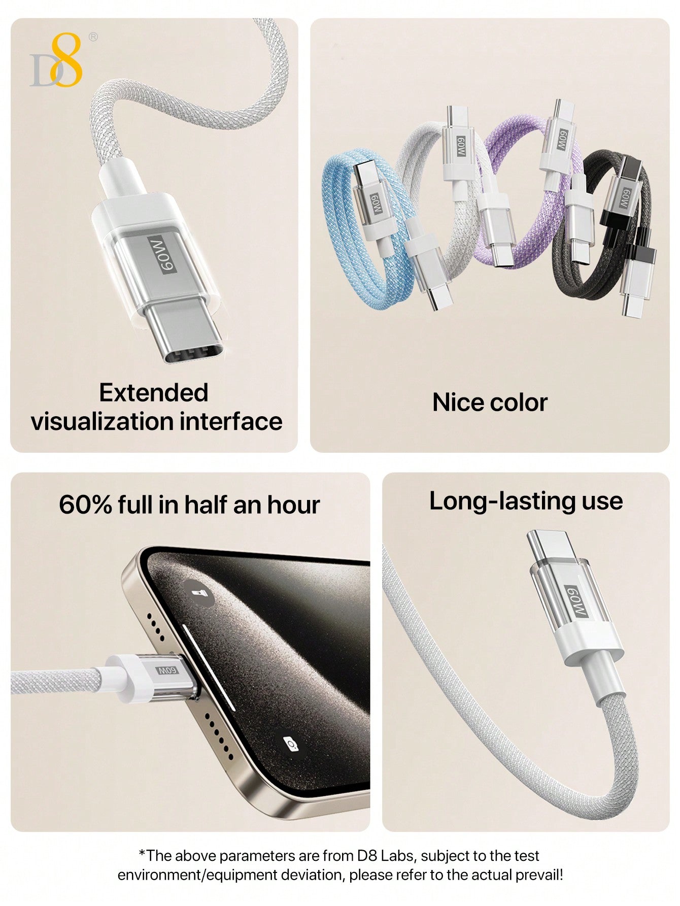 D8 USB-C Cable with Keychain, 60W Fast Charge, Nylon Braided, iPhone/Galaxy
