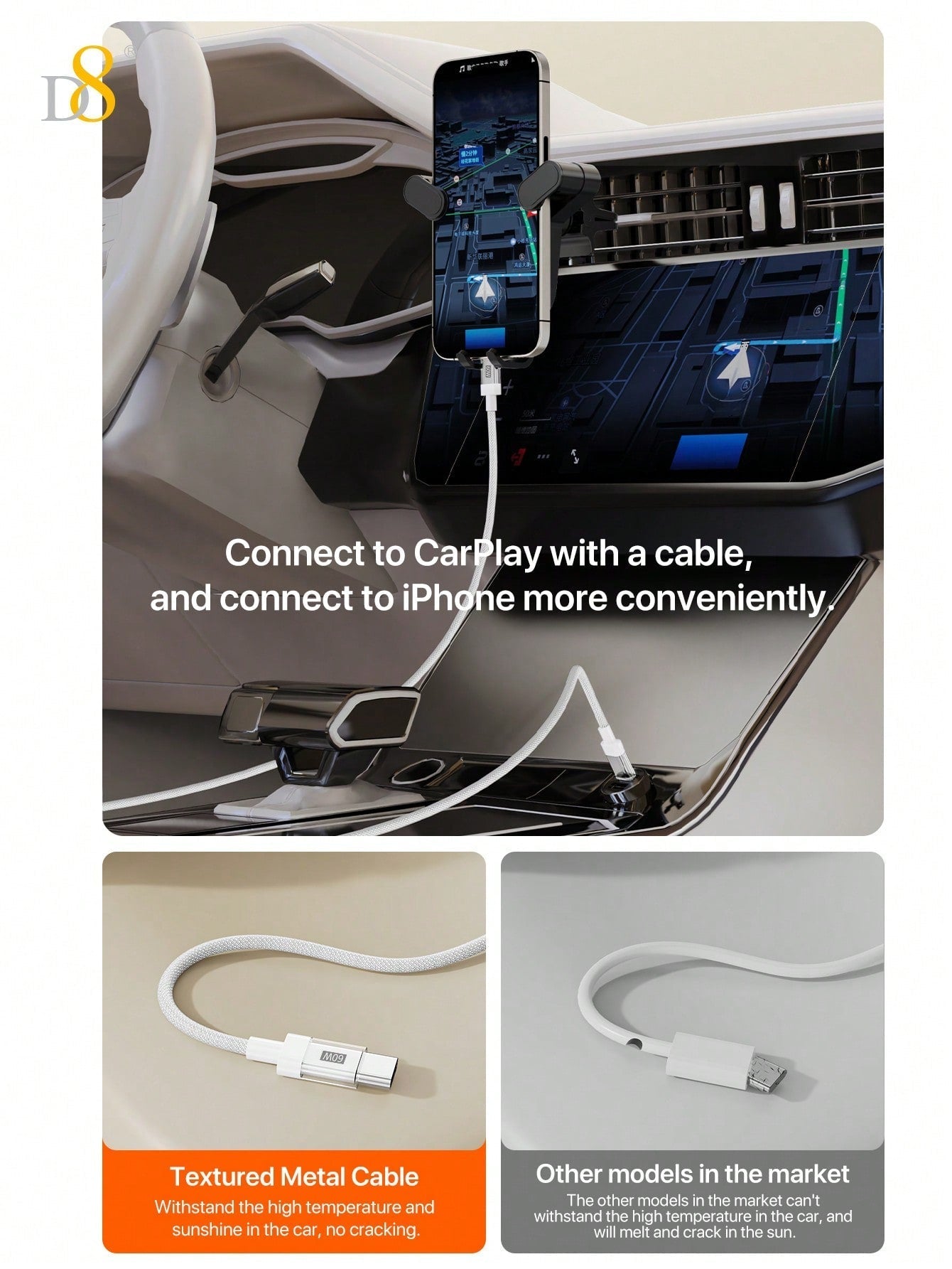D8 USB-C Cable with Keychain, 60W Fast Charge, Nylon Braided, iPhone/Galaxy