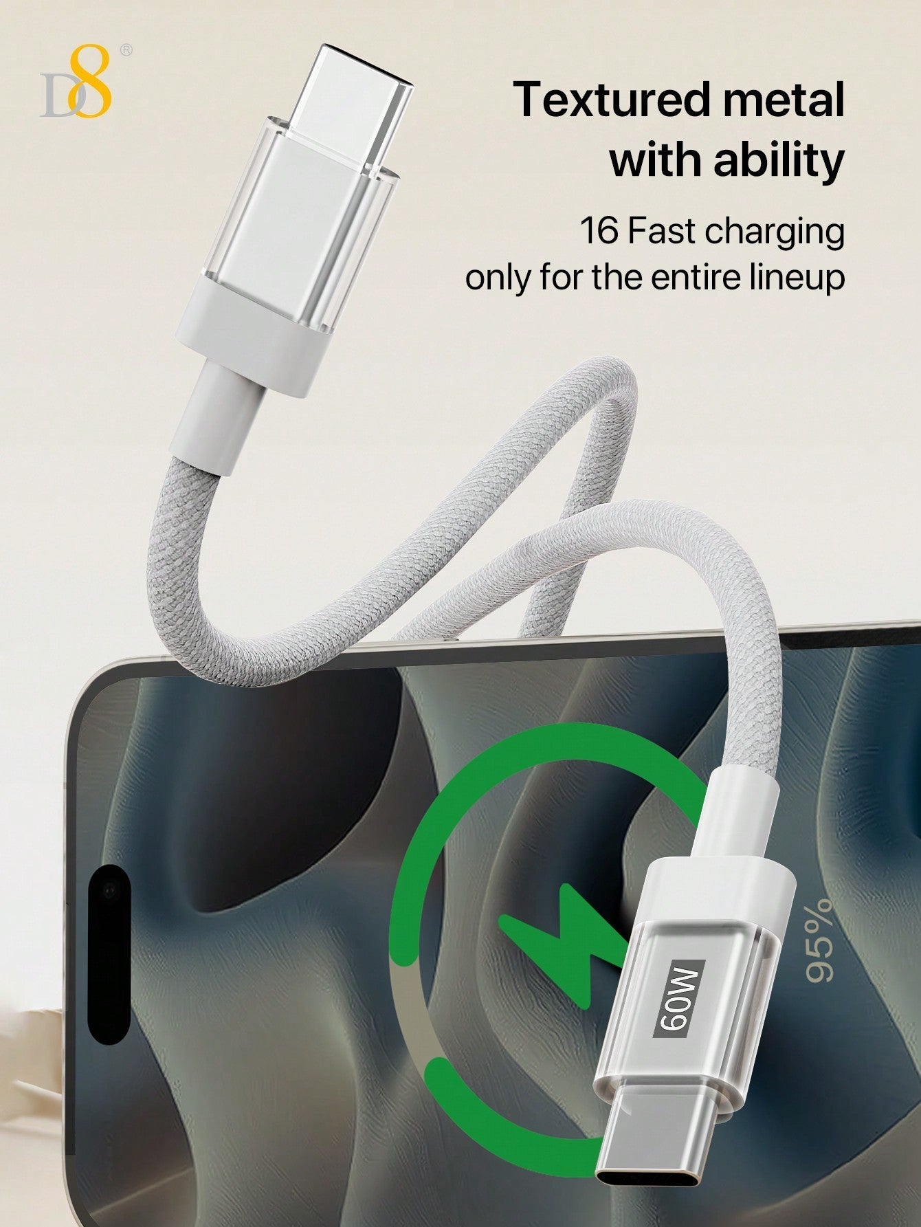 D8 USB-C Cable with Keychain, 60W Fast Charge, Nylon Braided, iPhone/Galaxy