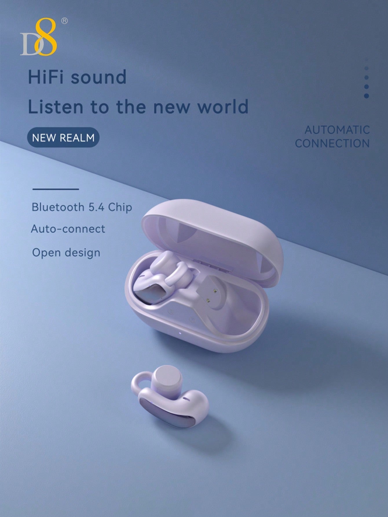 D8 Wireless Earbuds, 2024 Open Design, HiFi Sound, 55H Playtime, Type-C