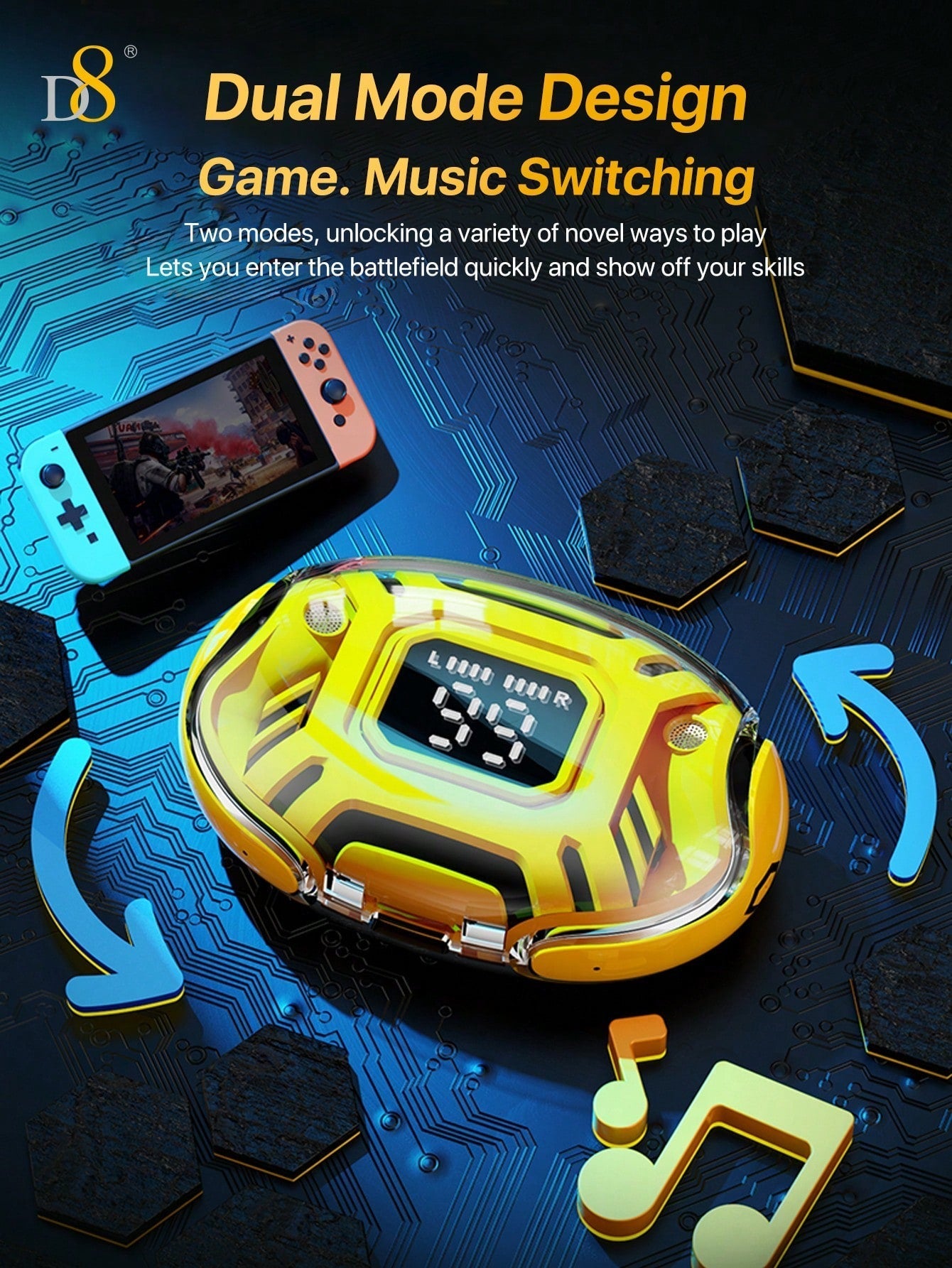 D8 Gaming Headset - HiFi Sound, LED Mic, 24H Playtime for Gaming & Sports