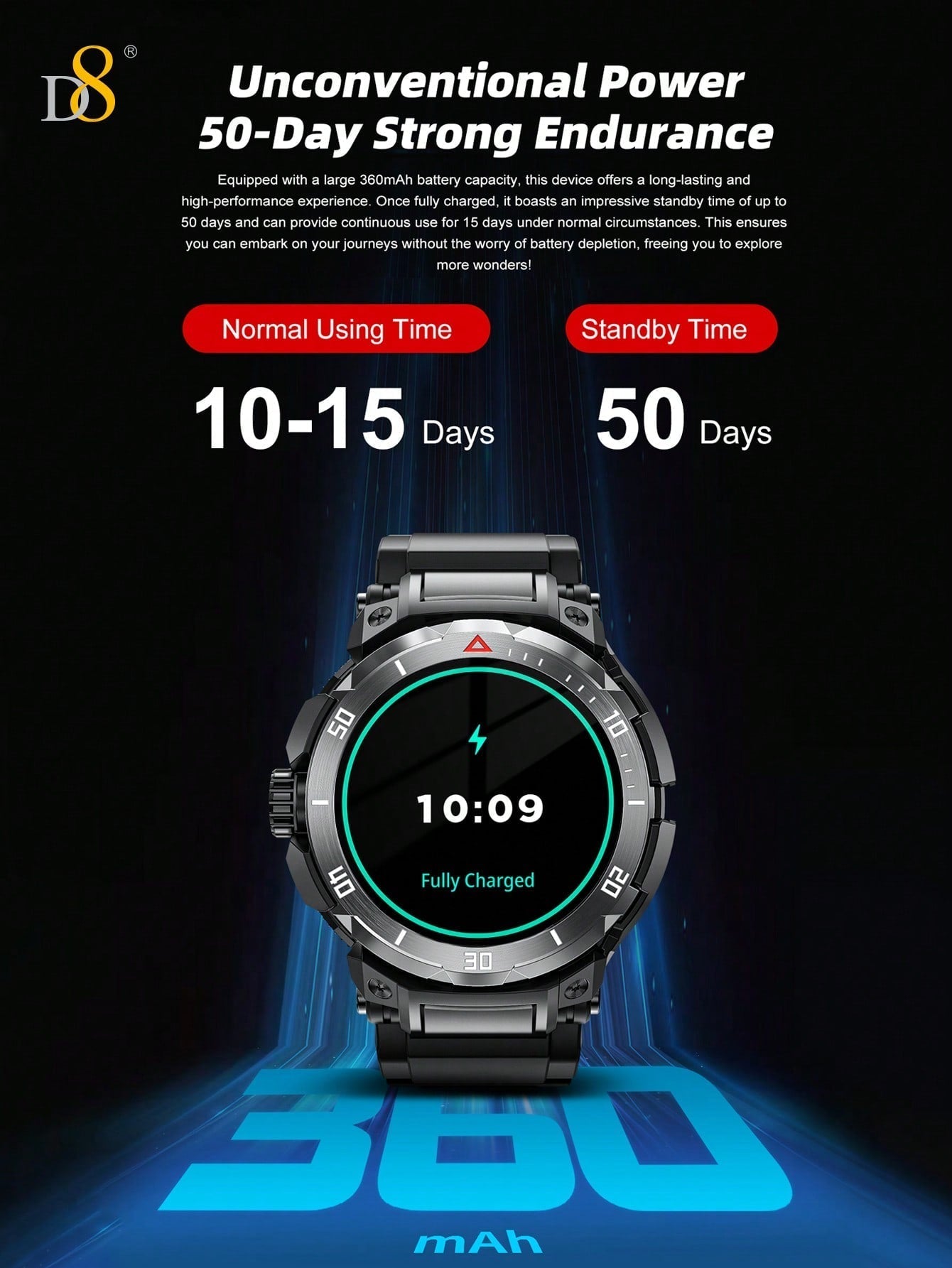 D8 Smartwatch with Earbuds, 1.46" HD, 110+ Fitness Modes, Android/iOS