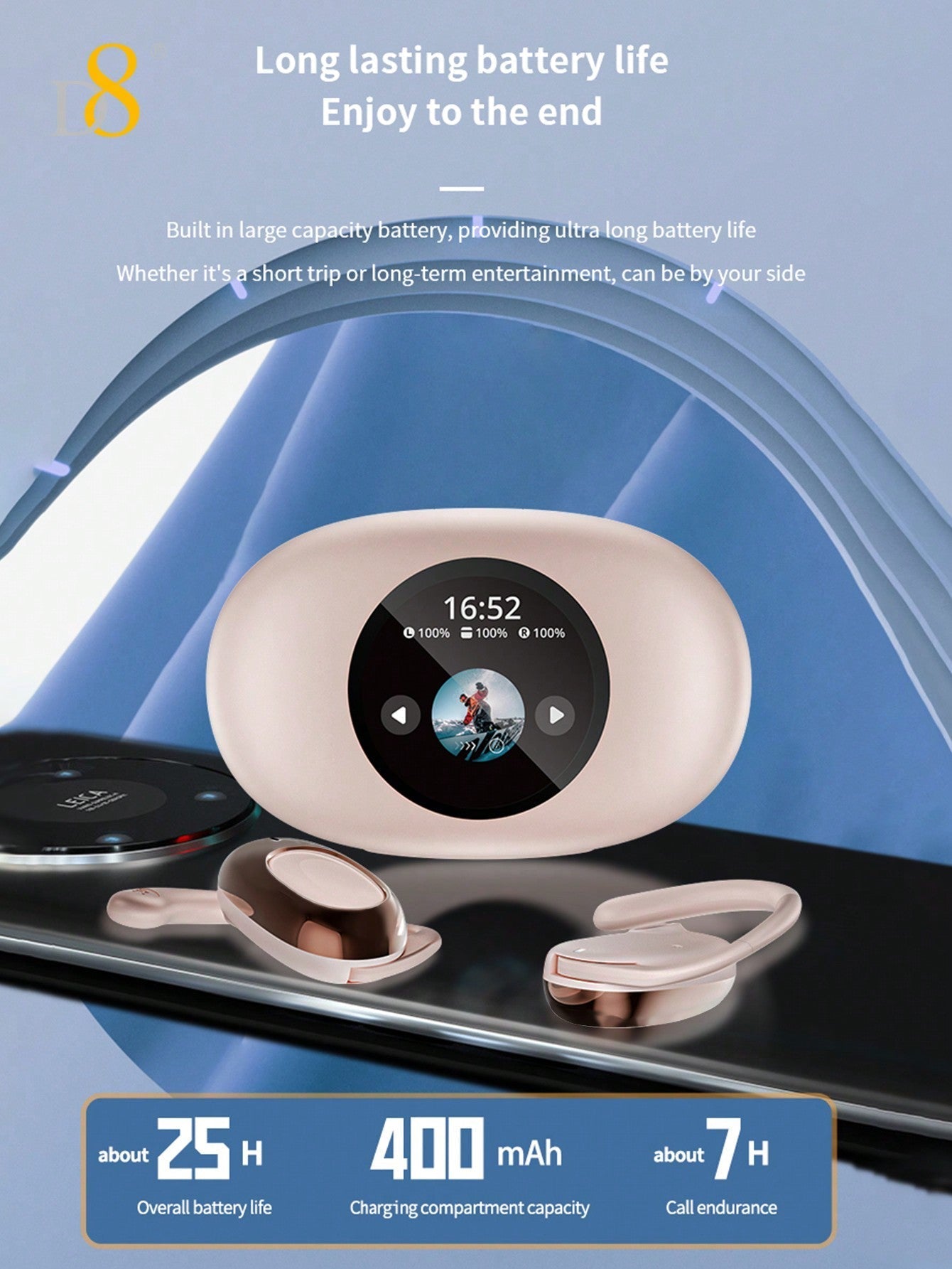 D8 Wireless Earbuds, LED Display, ENC Noise Canceling, Sport Design, Mic