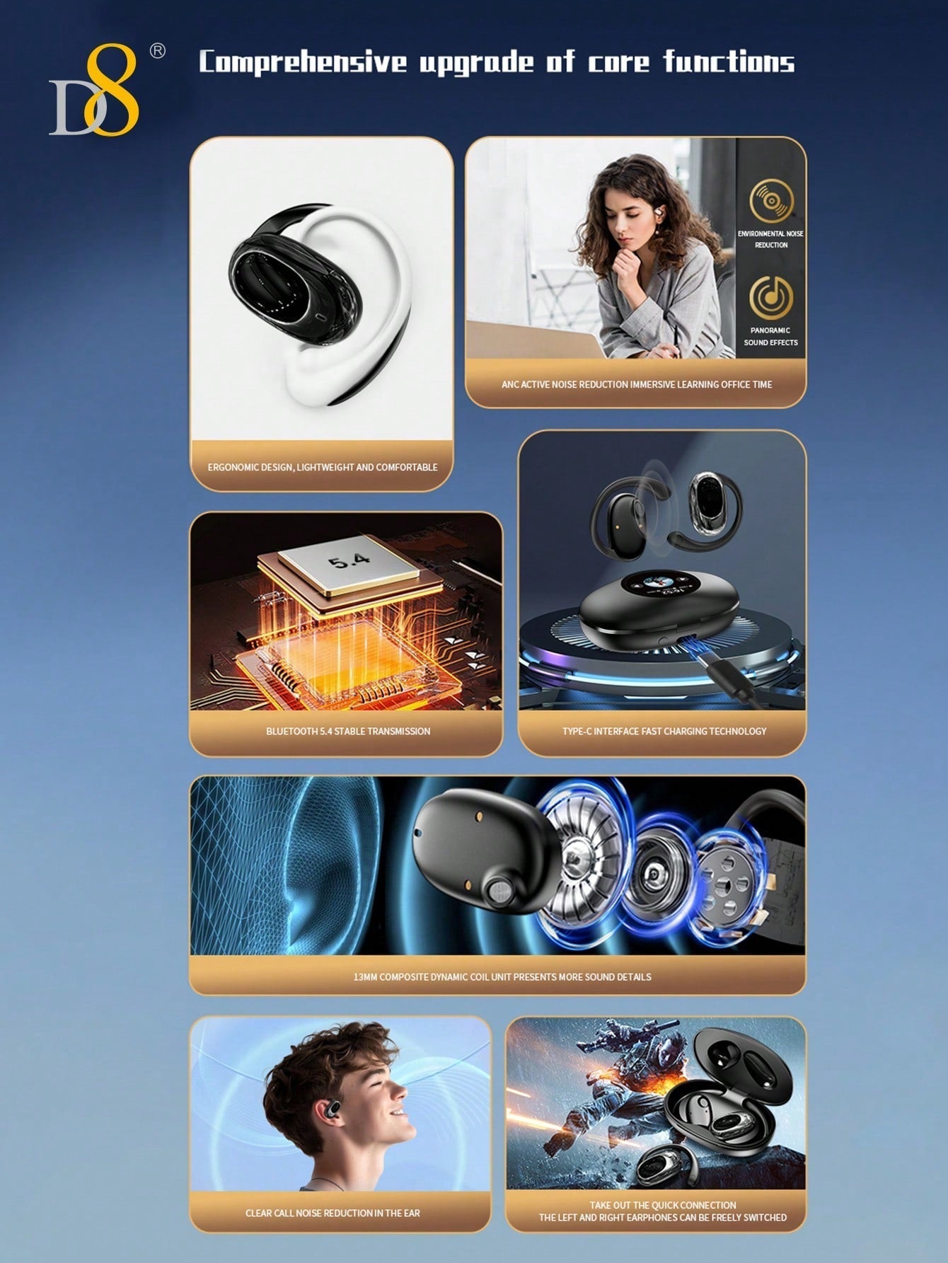 D8 Wireless Earbuds, LED Display, ENC Noise Canceling, Sport Design, Mic