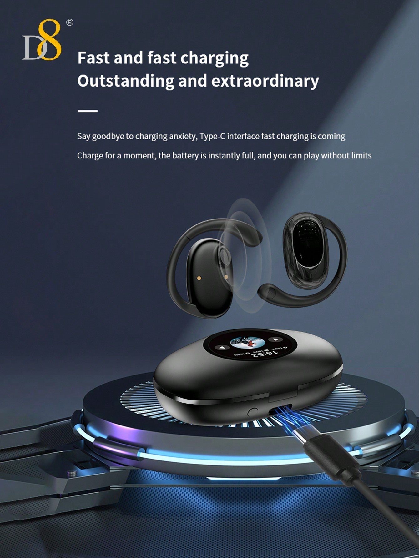 D8 Wireless Earbuds, LED Display, ENC Noise Canceling, Sport Design, Mic