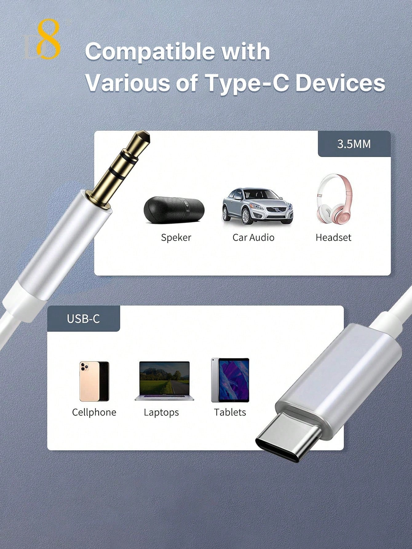 D8 USB-C to 3.5mm Aux Cable, 3.3FT Fast Audio Dongle for iPhone/Android