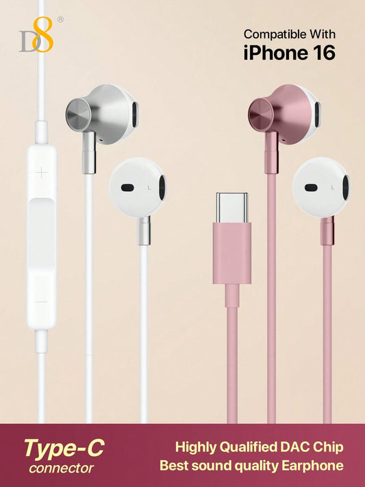 D8 USB-C In-Ear Earbuds, Mic & Volume Control for iPhone/Galaxy/iPad