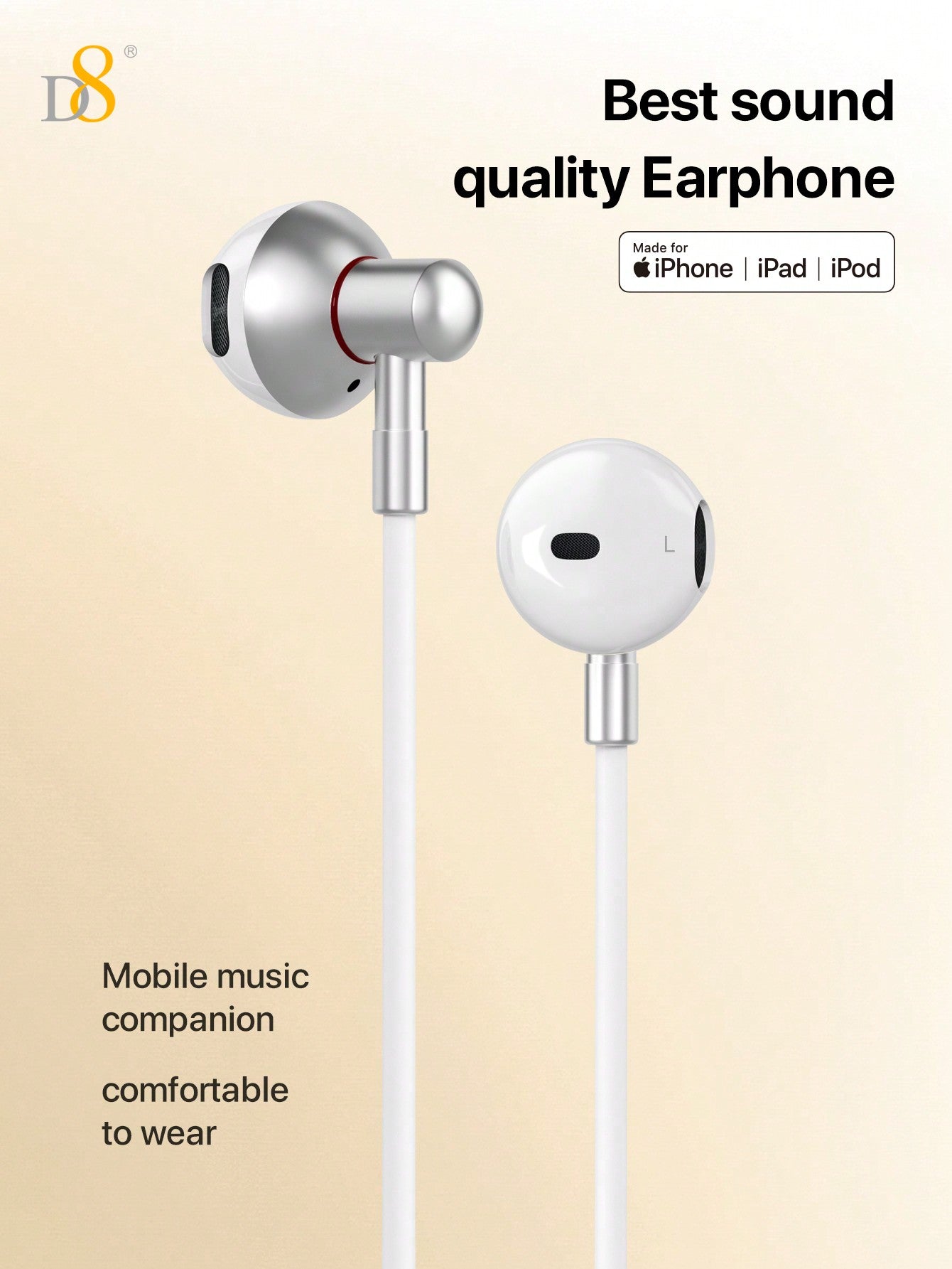 D8 Lightning Headphones, Wired In-Ear, Mic, for iPhone/iPad Lightning Devices