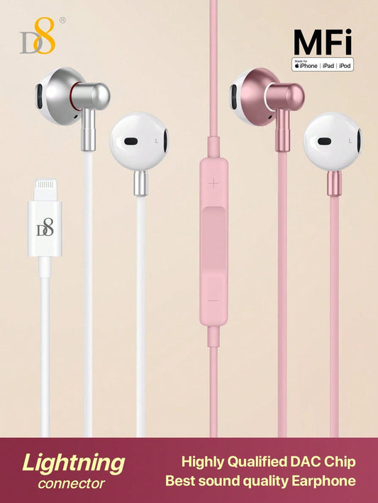D8 Lightning Headphones, Wired In-Ear, Mic, for iPhone/iPad Lightning Devices