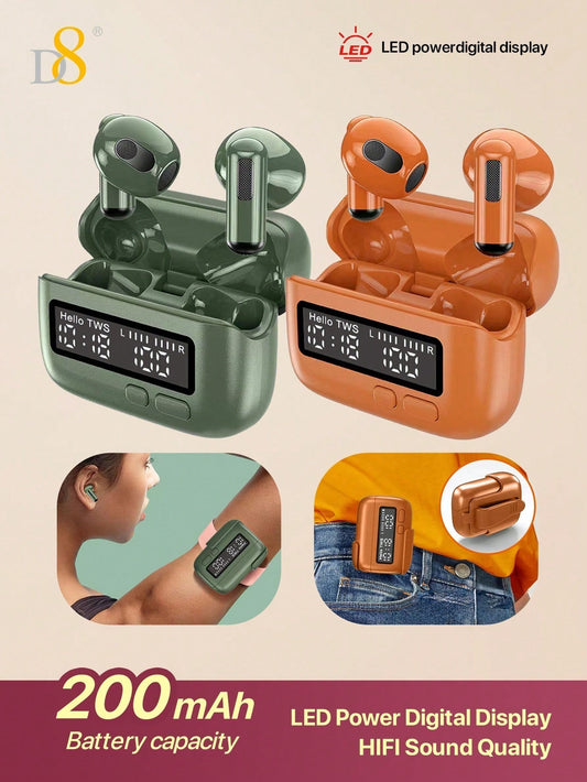 D8 Wireless Earbuds, Bass Stereo, LED Display, Mic, Button Control, Removable