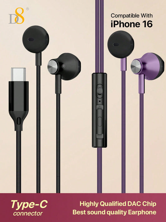 D8 USB-C Headphones, In-Ear, Mic & Volume Control, for iPhone/Galaxy/iPad