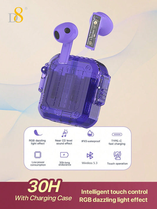 D8 Wireless Earbuds, Lightweight, Mic, IPX5, RGB Lights, HiFi Sound, Long Range