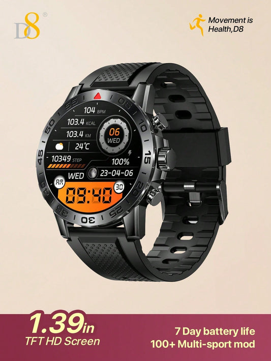D8 Men's Rugged Smartwatch, 1.39" HD, IP67 Waterproof, 100 Sports Modes