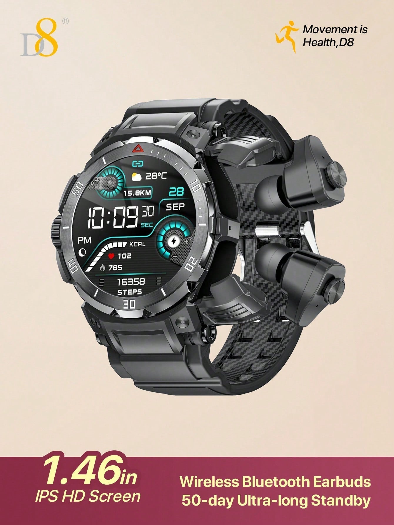 D8 Smartwatch with Earbuds, 1.46" HD, 110+ Fitness Modes, Android/iOS