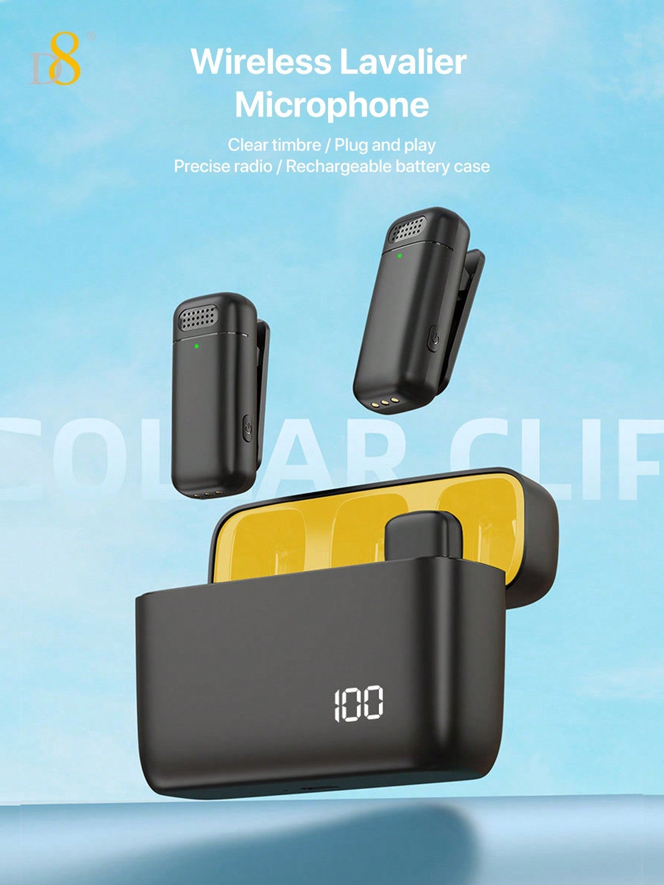 D8 Wireless Lavalier Mic, USB-C, 2-in-1, 70H Battery, With Charging Case