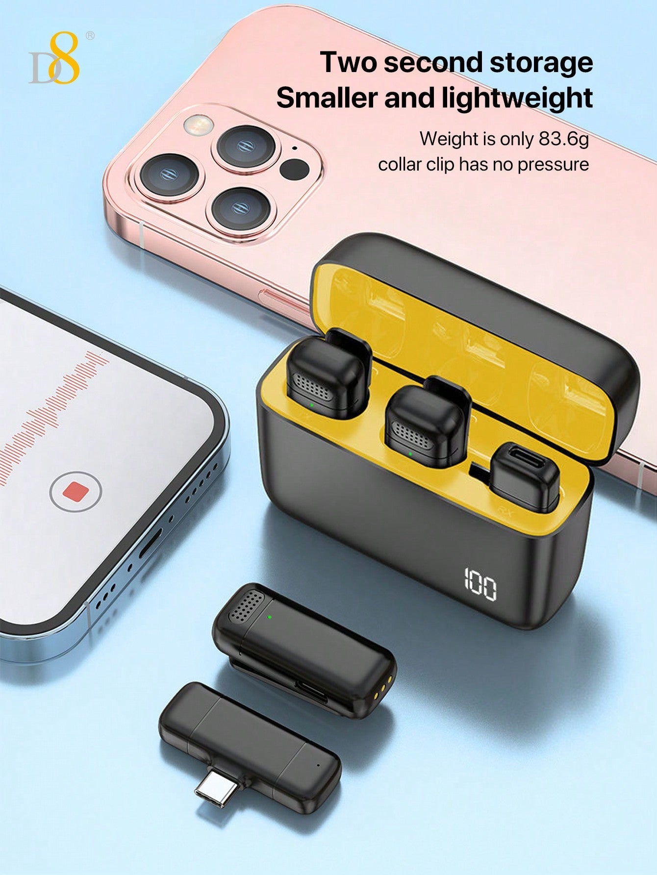 D8 Wireless Lavalier Mic, USB-C, 2-in-1, 70H Battery, With Charging Case
