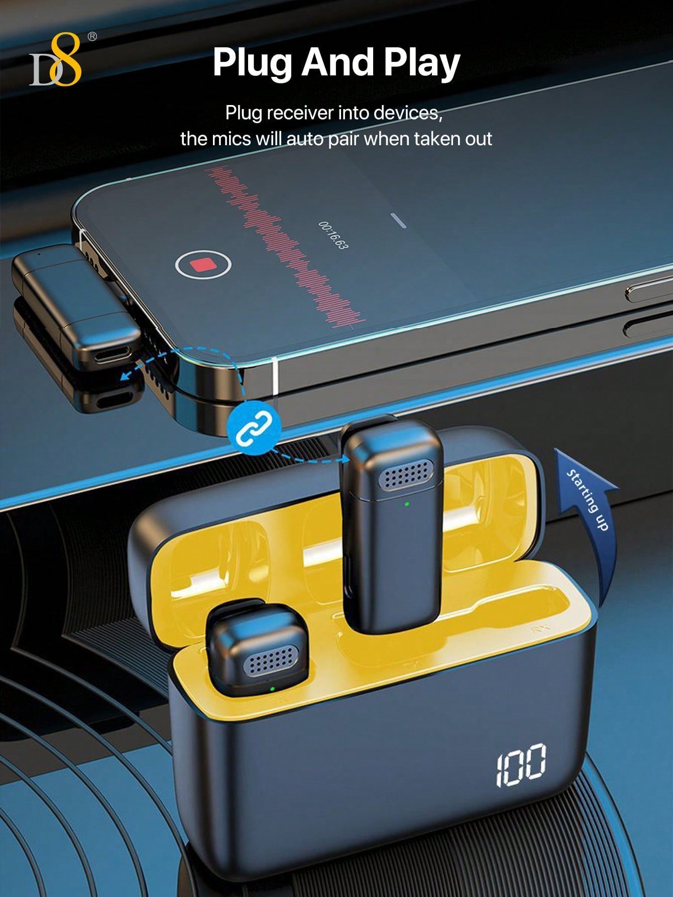 D8 Wireless Lavalier Mic, USB-C, 2-in-1, 70H Battery, With Charging Case