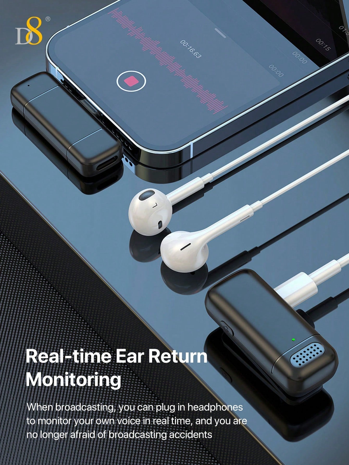 D8 Wireless Lavalier Mic, USB-C, 2-in-1, 70H Battery, With Charging Case