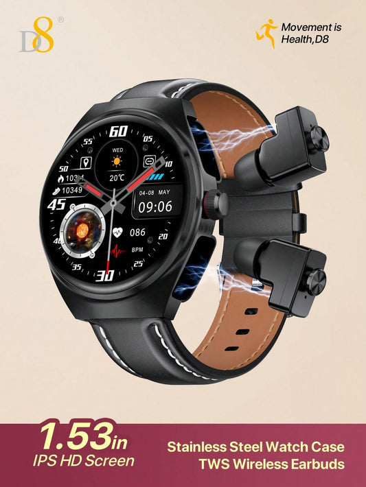 D8 Smartwatch with Earbuds, 1.53" HD Touch, Calls, 100+ Fitness Tracker Modes