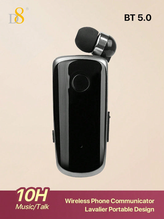 D8 Retractable Wireless Headset, V5.0 Noise-Canceling Clip-On Earbud, 10H Talk