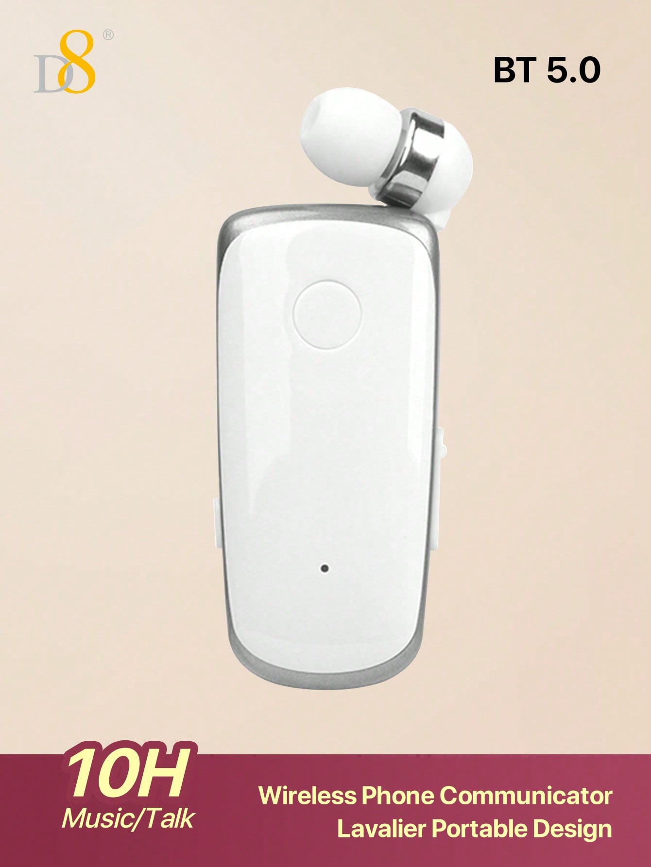 D8 Retractable Wireless Headset, V5.0 Noise-Canceling Clip-On Earbud, 10H Talk