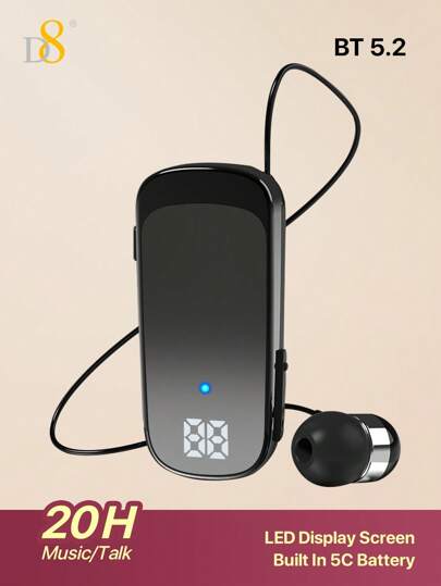 D8 Retractable Wireless Headset ,LED Display Over-Ear Buds,Headphone Stereo Earphone Noise Cancelling Mic Clip On Earpiece Comfortable HandsFree Headset 20Hrs Talking Time Sports Business Trucker Driver Earbud