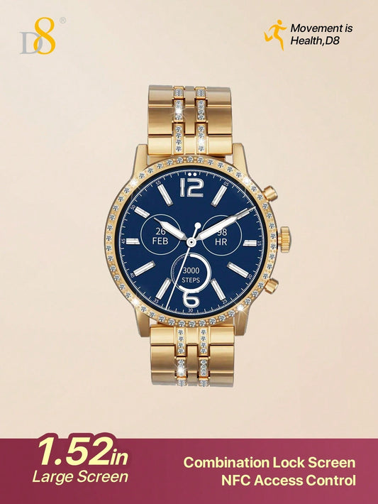 D8 Gold Smartwatch: 1.52” Touch Screen, Calls & Fitness Tracker