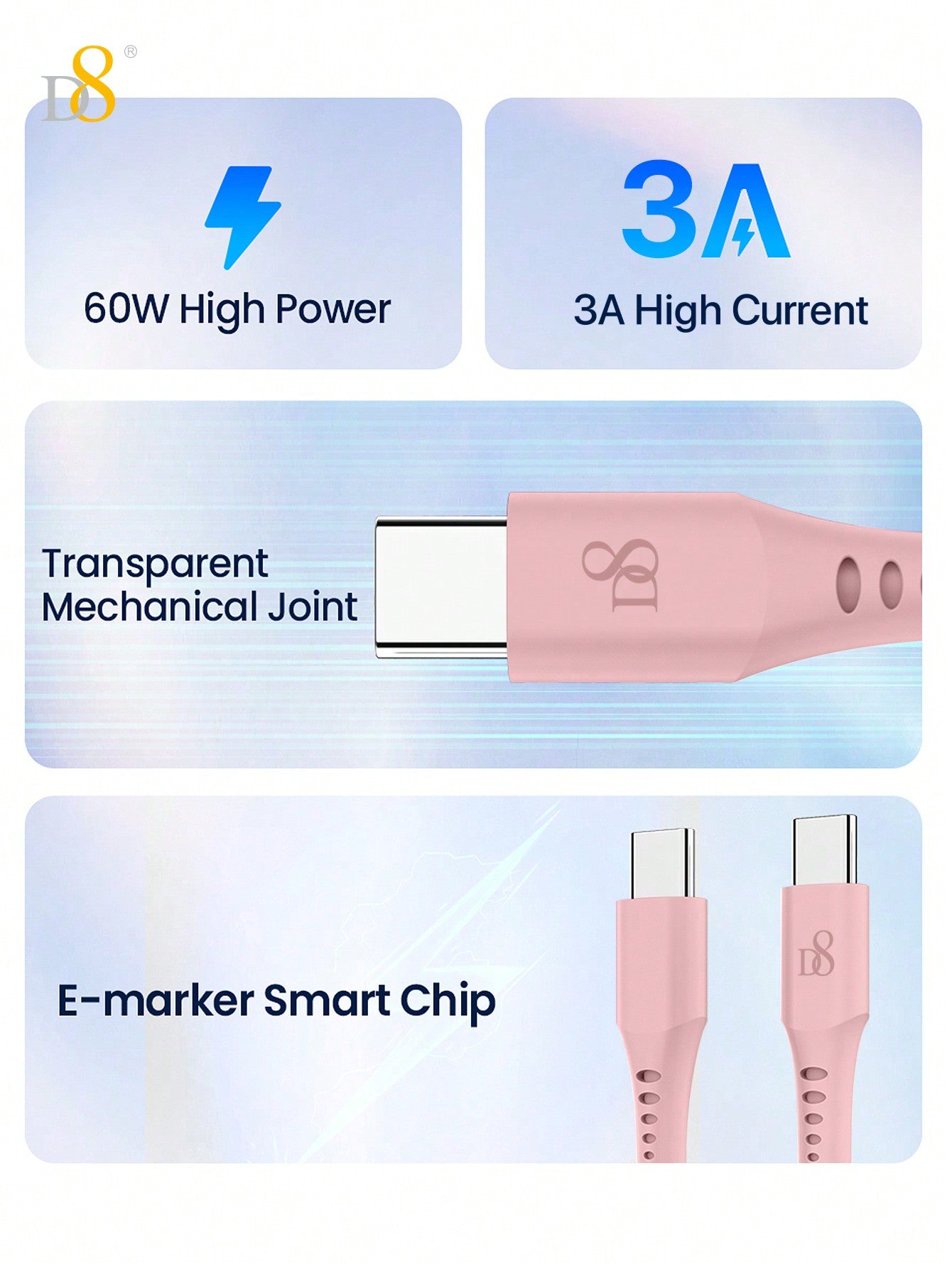 D8 USB-C Keychain Cable, 60W Fast Charge, Compact Type-C for iPhone/MacBook