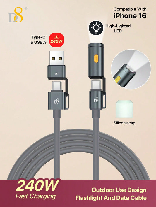 D8 240W 3-in-1 Charging Cable with LED Lamp, Fast USB-C for MacBook