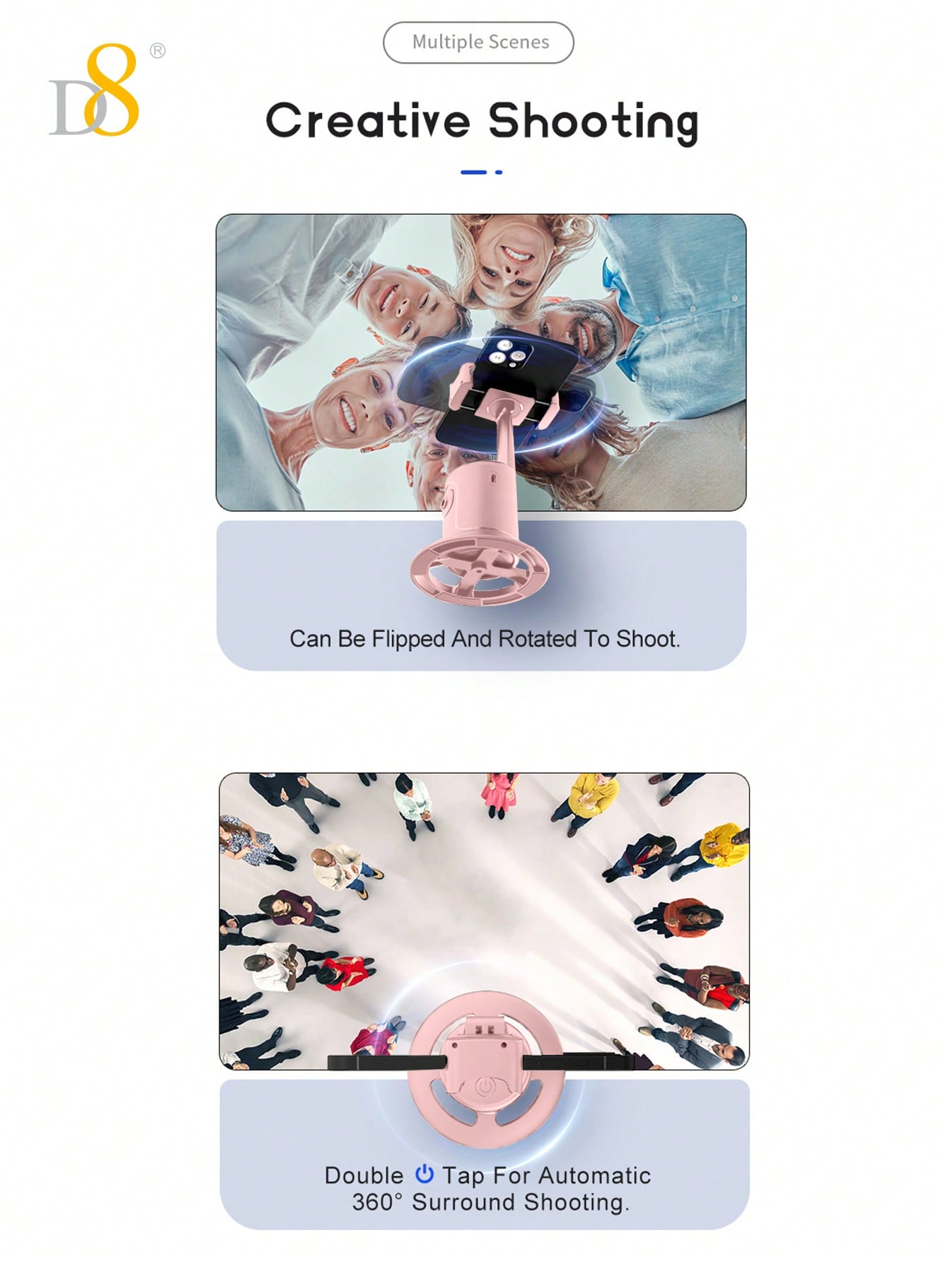 D8 AI Auto Face Tracking Phone Gimbal, 360° Intelligent Face Recognition Tracking,No APP, Intelligent Gesture Recognition,360° Horizontal And Vertical Shooting Of Mobile Phone Stand, 180° Front And Rear Shooting