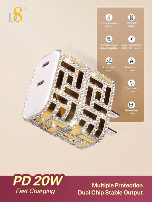 D8 Crystal USB-C Charger, 20W Dual Port, Fast Charge for iPhone 16/15