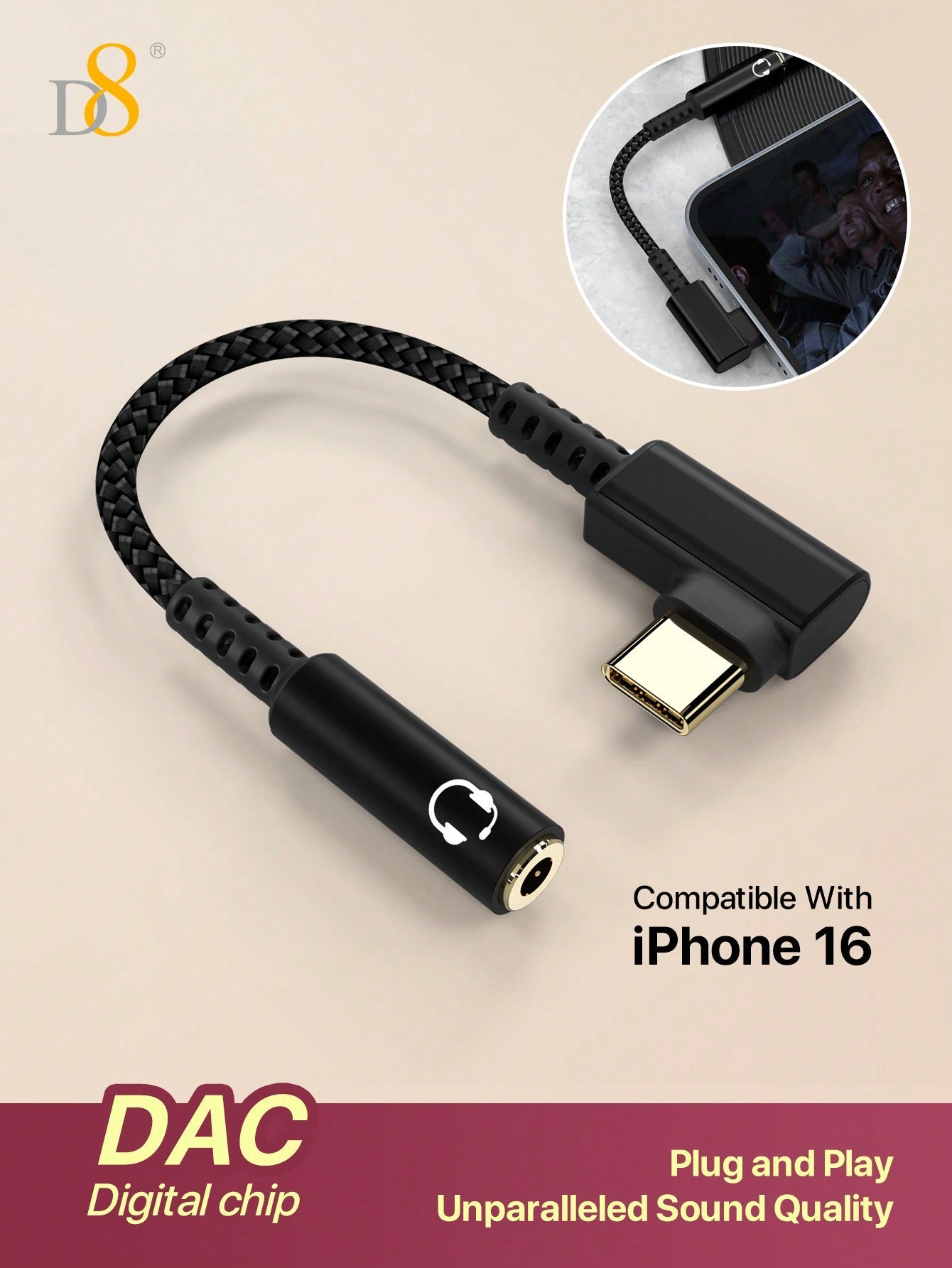 D8 USB-C to 3.5mm Adapter, Aux Audio Dongle for Smartphones & Tablets