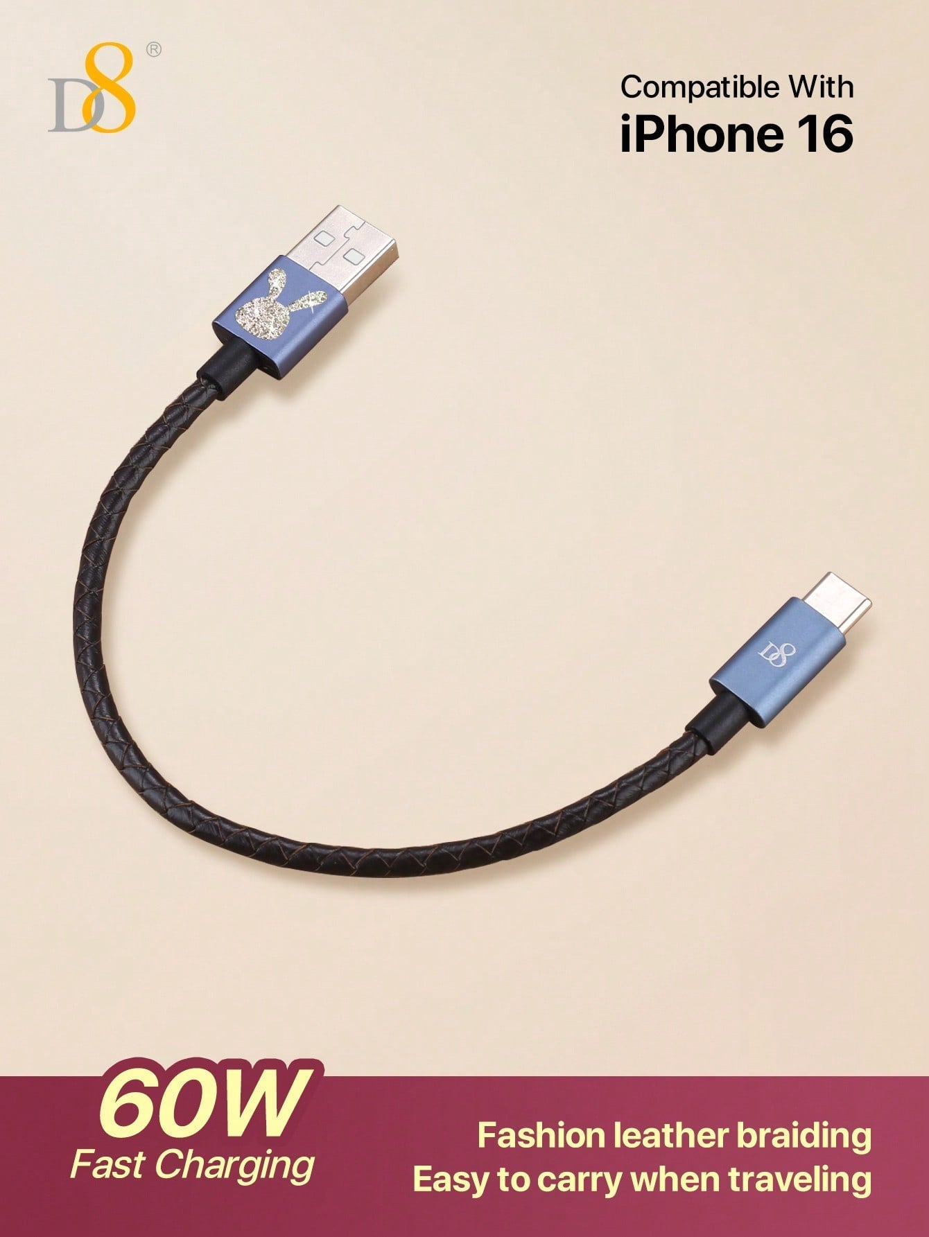 D8 Genuine Leather Short Type-C Charging Cable, (60W /0.2m )USB A To USB C Cable Compatible With I Phone16 / I Phone16 Pro / I Phone 16 Pro Max /15, Galaxy A10e A20 A50 A51 A71, S20 S10 S9 S8 Plus,Note 9 8,A11 A20 A51, G6 G7 V30 V35