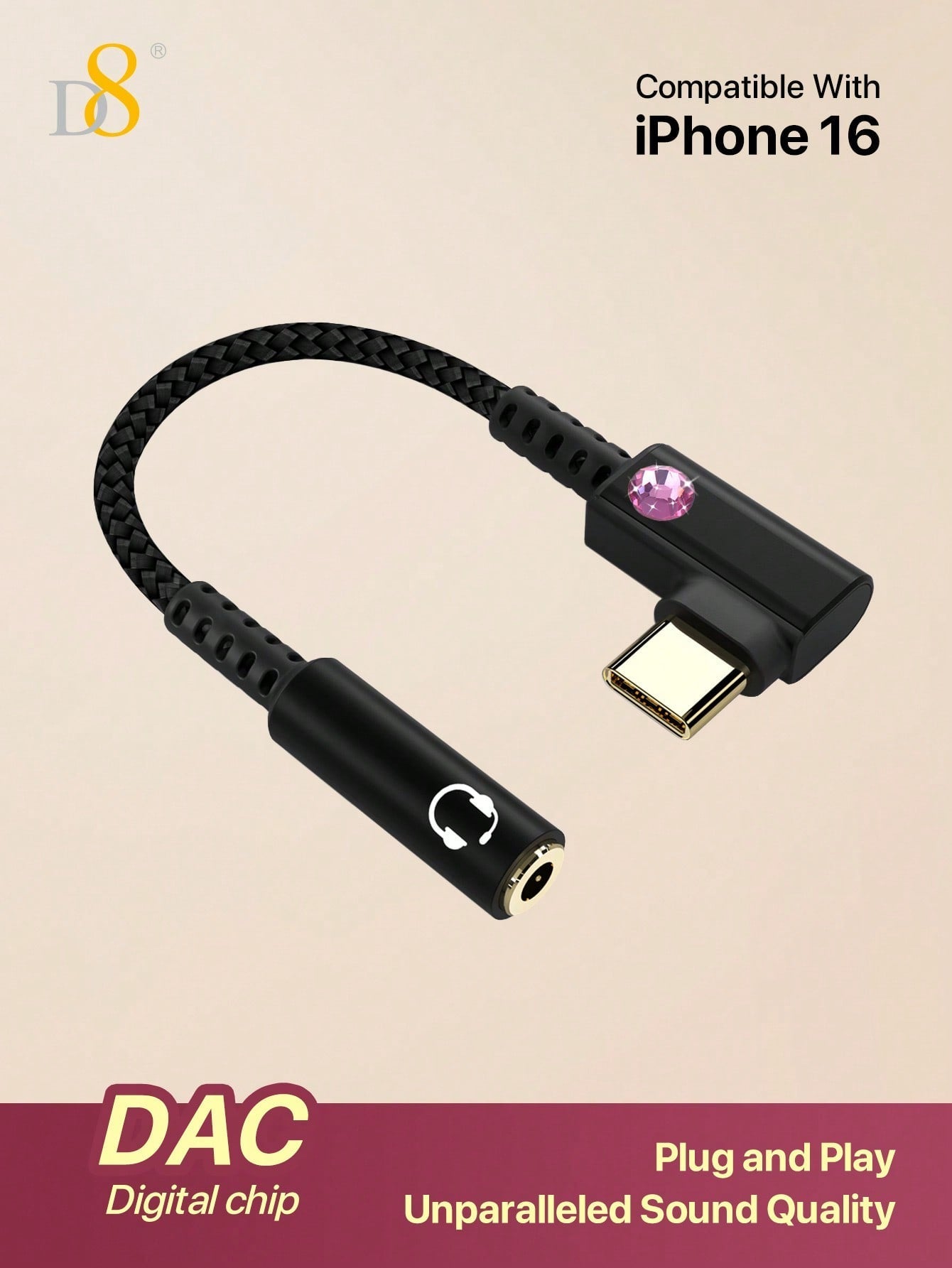 D8 USB Type C To 3.5mm Female Headphone Jack Adapter, USB C To Aux Audio Dongle Cable Cord Compatible With I Phone 16 Pro Max/15 Pro/15, S Amsung Galaxy S24/S23/S22 Ultra, IPad Pro, Pixel 9/8 Holiday Gift Valentine's Day Gift Christmas Gifts