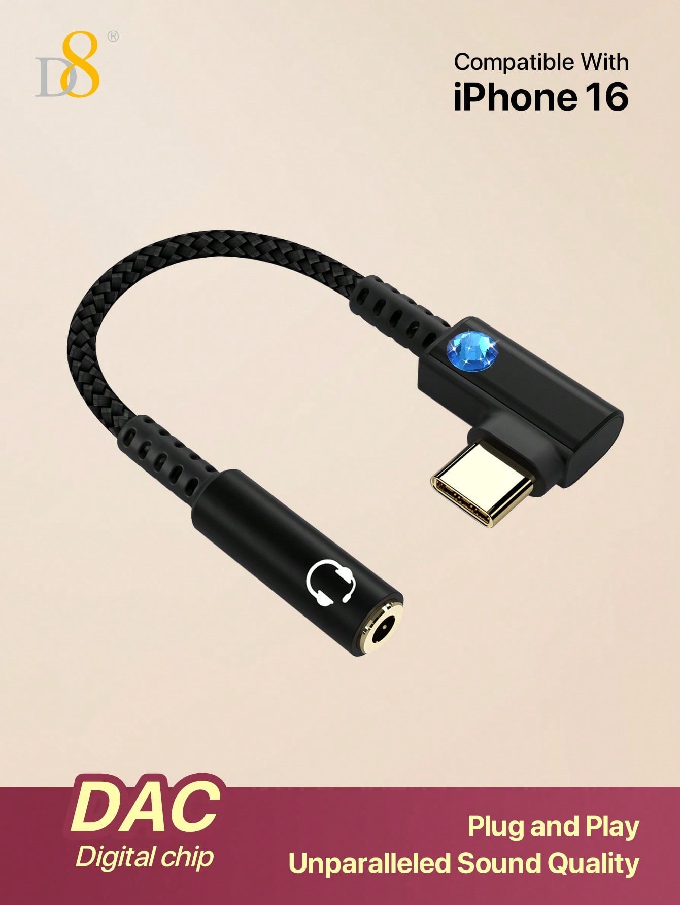 D8 USB Type C To 3.5mm Female Headphone Jack Adapter, USB C To Aux Audio Dongle Cable Cord Compatible With I Phone 16 Pro Max/15 Pro/15, S Amsung Galaxy S24/S23/S22 Ultra, IPad Pro, Pixel 9/8 Holiday Gift Valentine's Day Gift Christmas Gifts