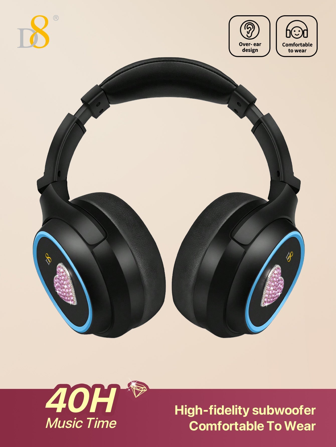 D8 Wireless Headphones Over-Ear, with Microphone, 3.5MM Wired Stereo Headset Micro SD/TF, PC,Soft Earmuffs &Light Weight for Prolonged Wearing,Deep Bass for Home Office Cellphone PC Ect. Holiday Gift Valentine's Day Gift Christmas Gifts,Must-Haves